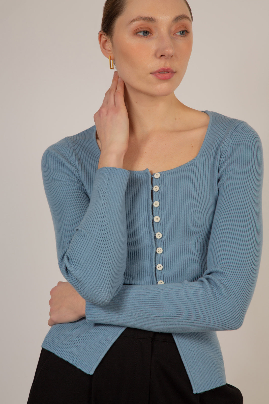 Pale blue square neck button front knit top_5