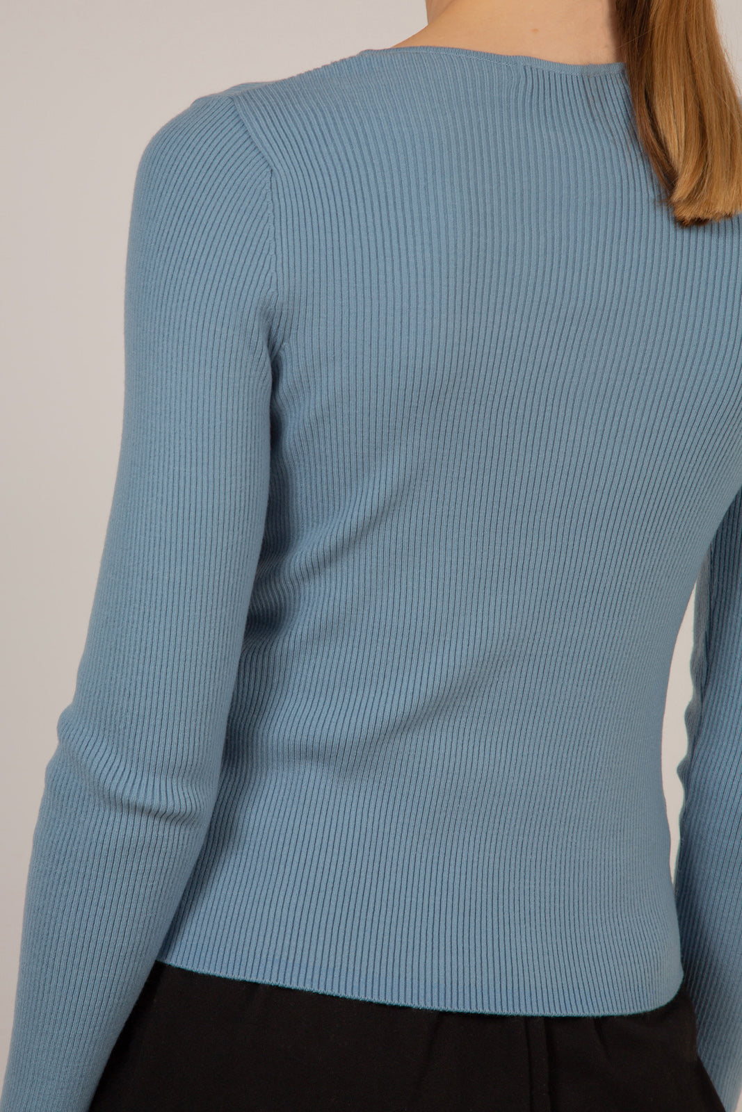 Pale blue square neck button front knit top_11