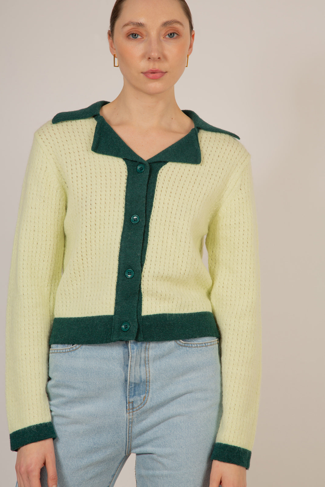 Mint wool blend dark green trimmed cardigan_3