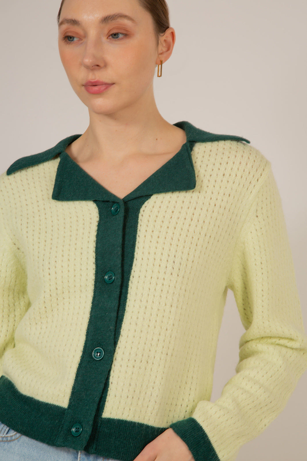 Mint wool blend dark green trimmed cardigan_4
