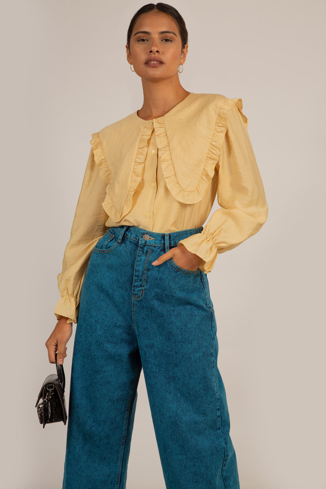 Mustard long ruffle trim collar blouse_7