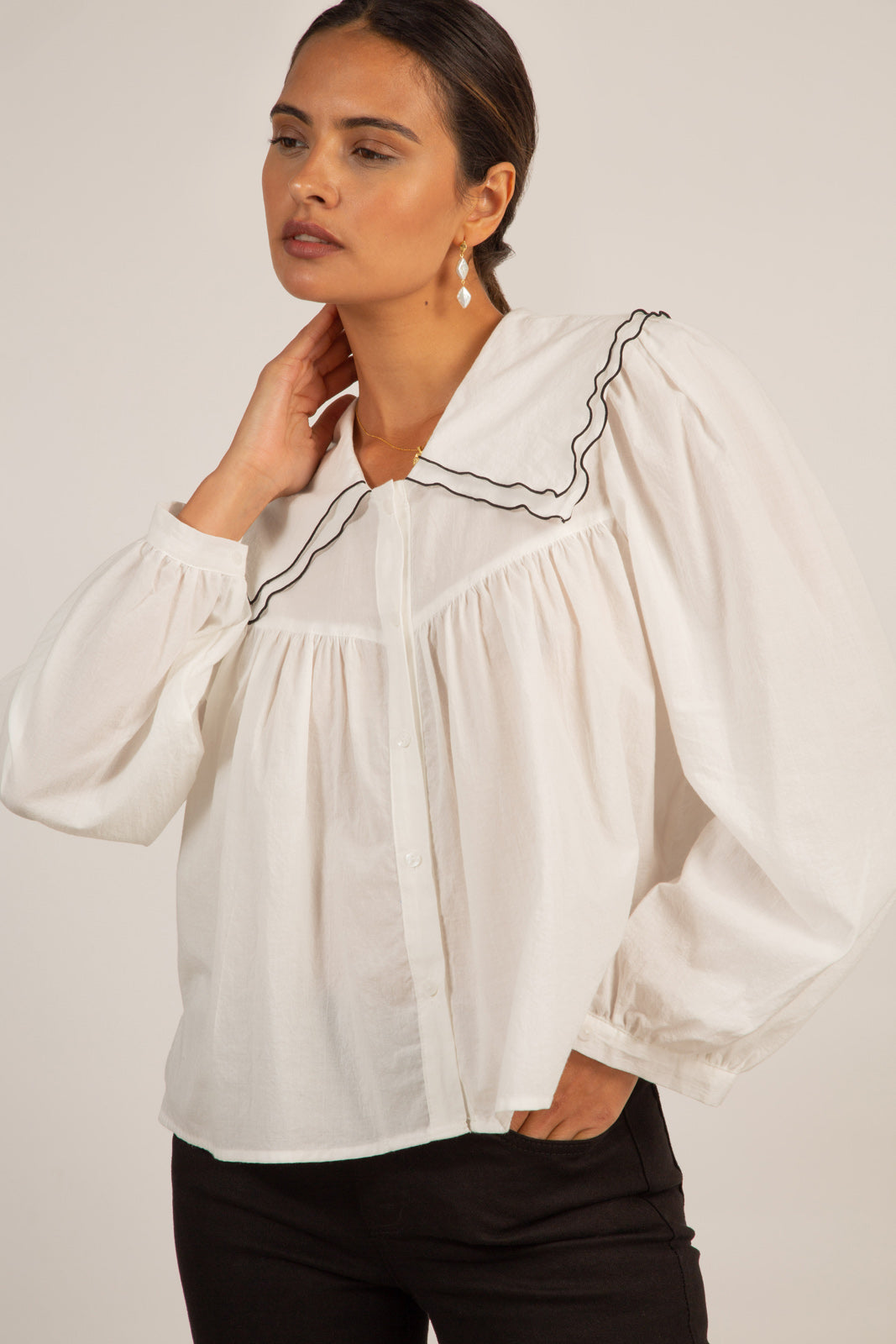 Ivory and black trim double collar blouse_5