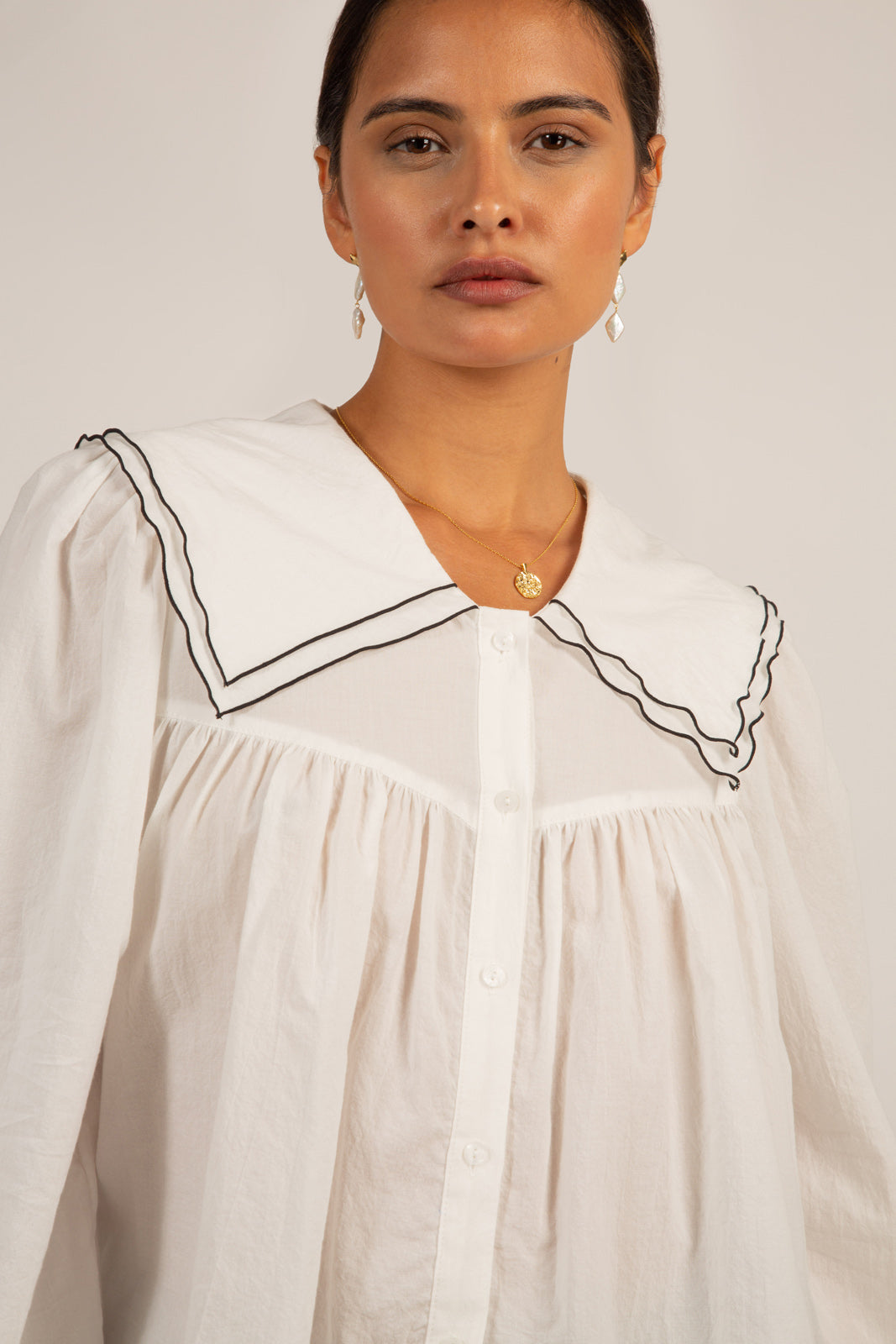 Ivory and black trim double collar blouse_7