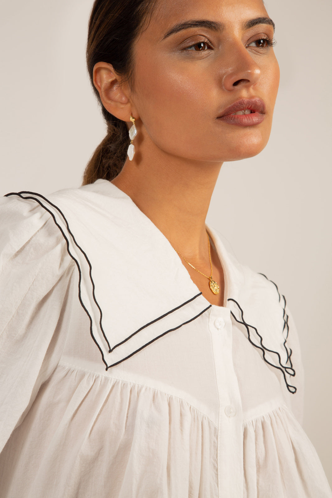 Ivory and black trim double collar blouse_4