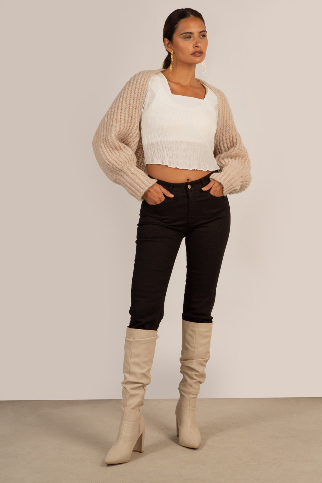 Beige ribbed open cardigan_7