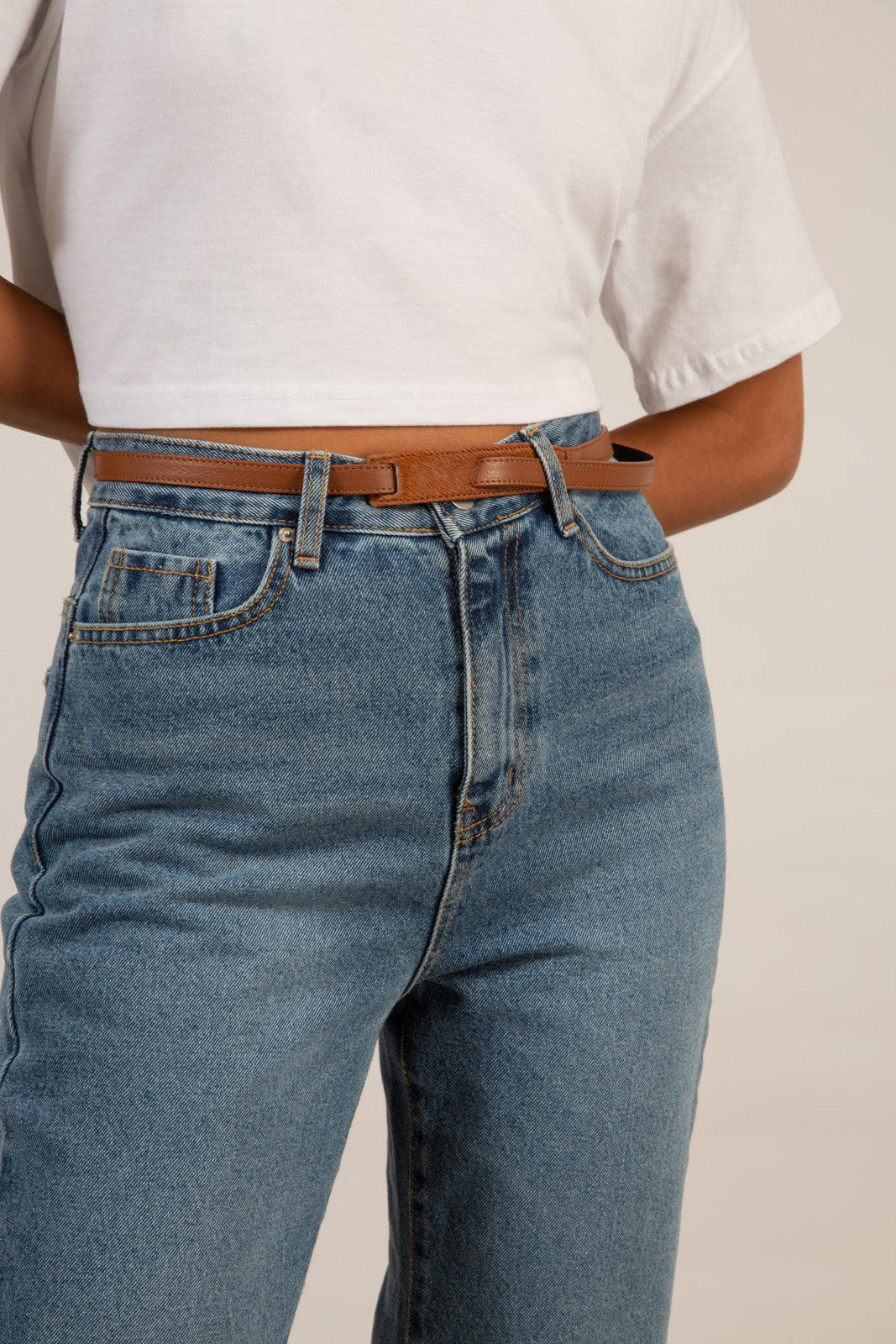 Brown genuine leather thin knot waist belt_1