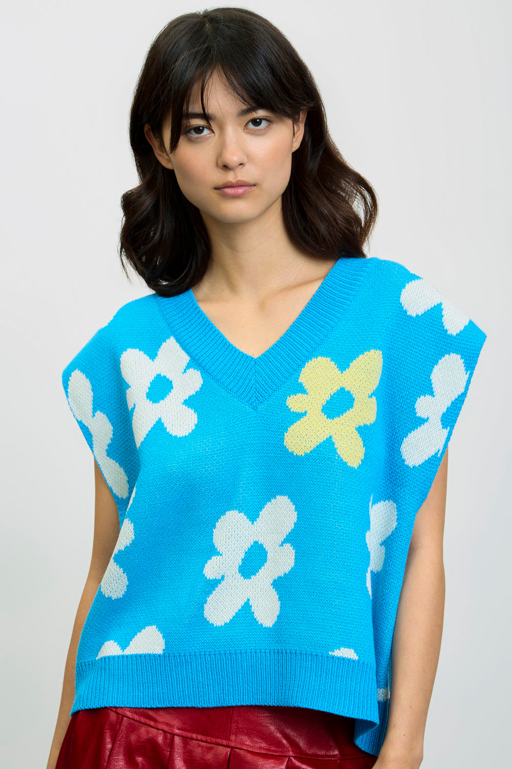 Aqua white and yellow graphic floral sweater vest_1