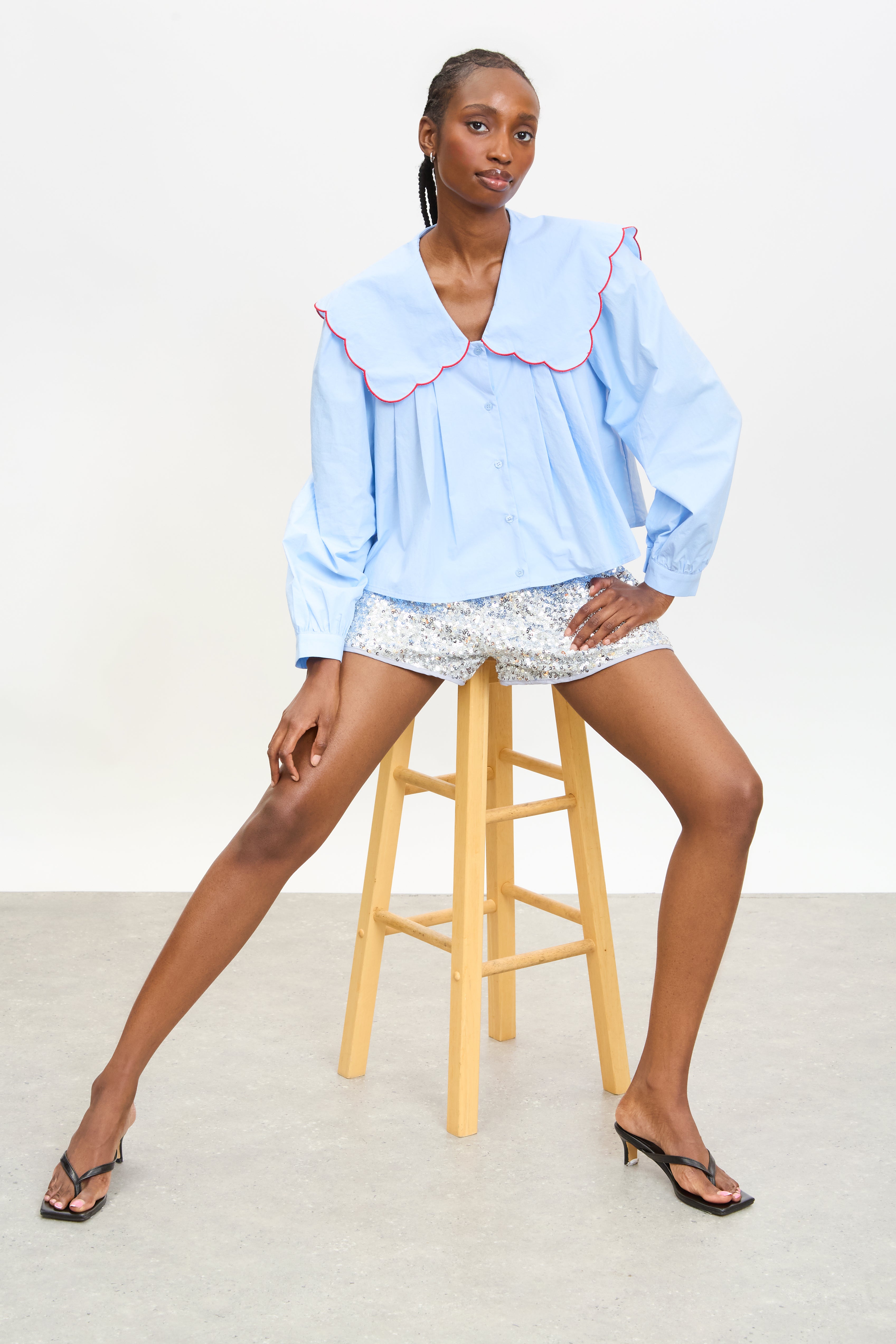 Baby blue contrast trim scalloped giant collar shirt_5