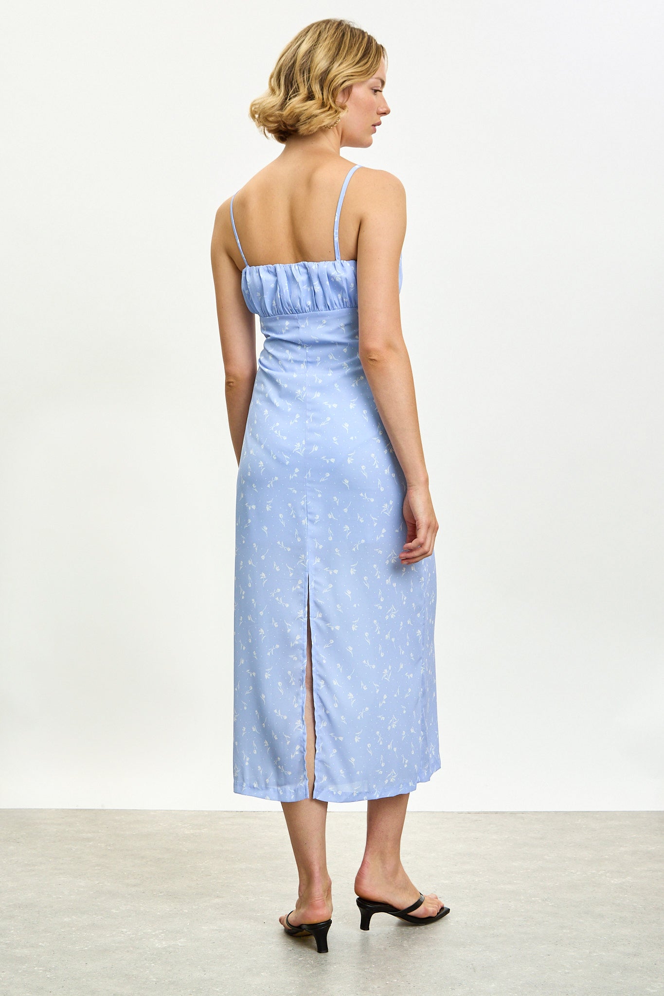 Baby blue floral print ruched bust strappy dress_2