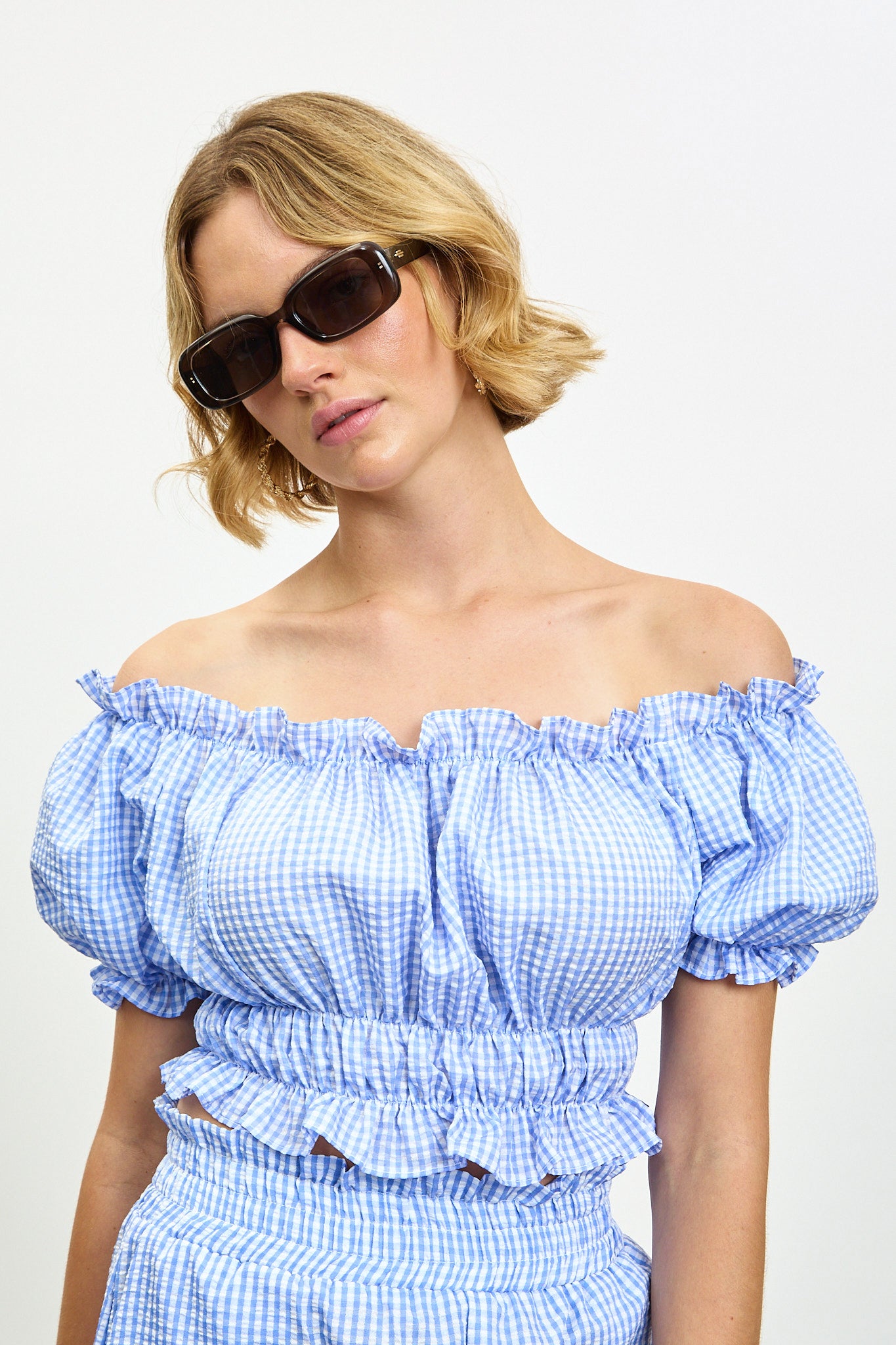 Baby blue gingham ruched off shoulder top_1