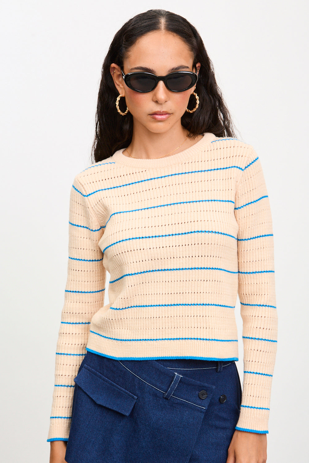 Baby pink and blue horizontal striped knit top_1