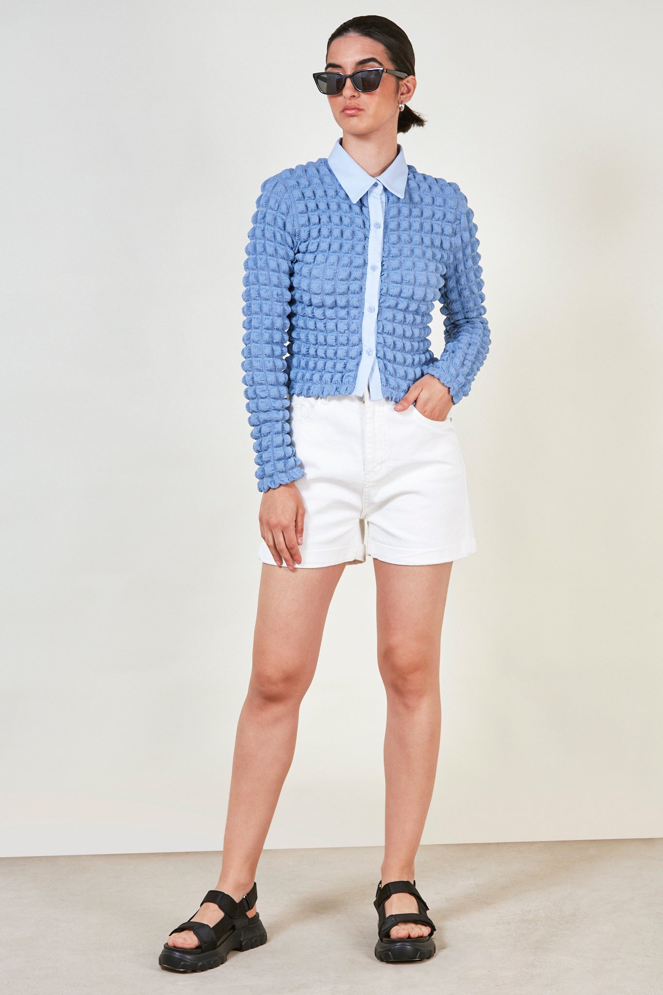 Baby blue textured puff shirt_3