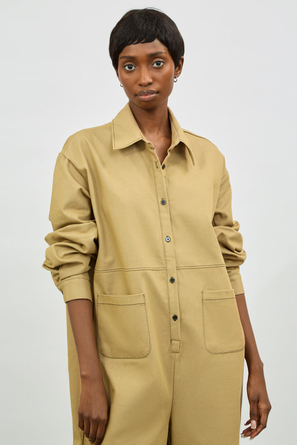 Beige and black contrast stitch boiler suit_3