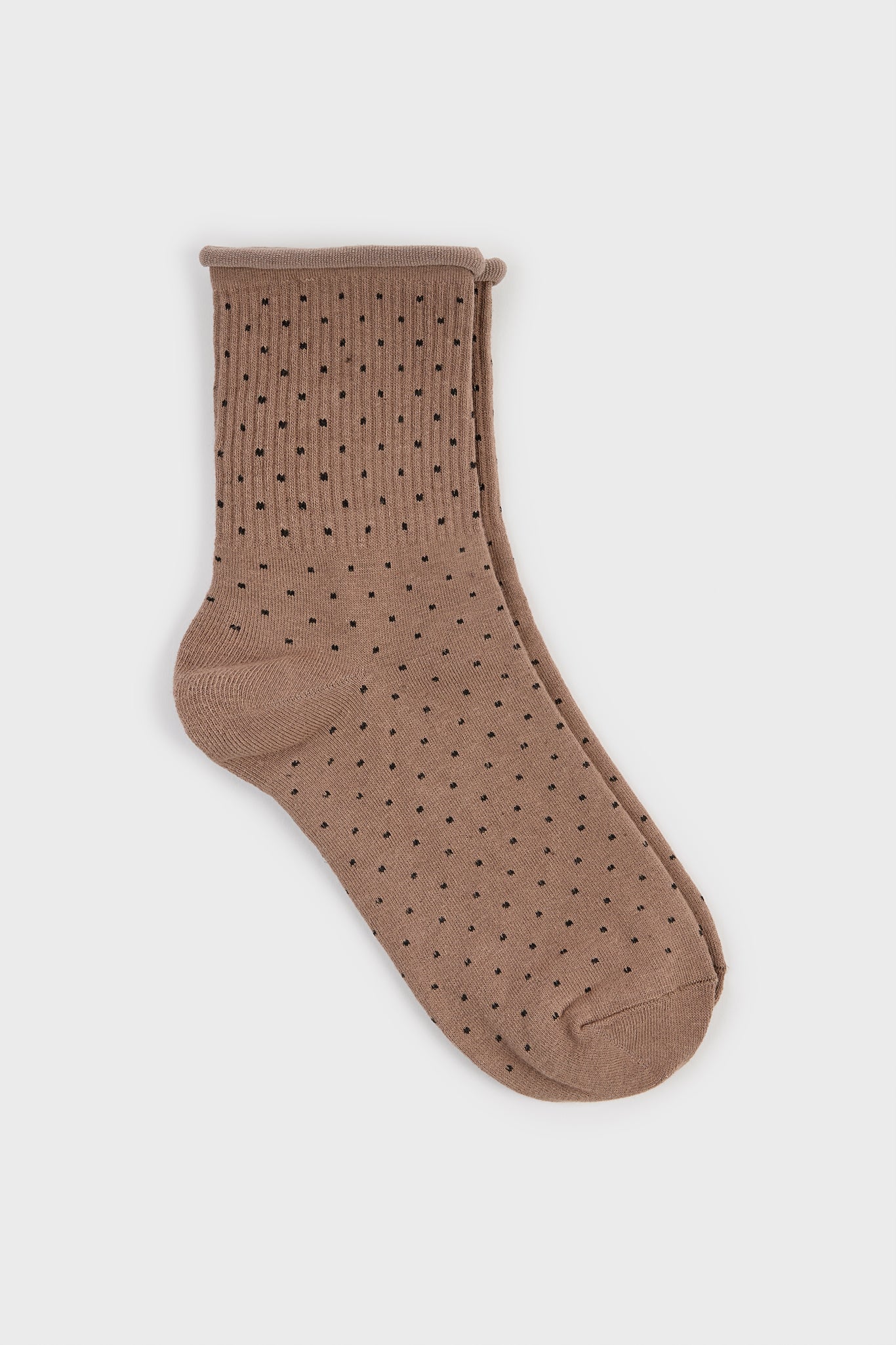 Beige and black polka dot roll trim socks_1