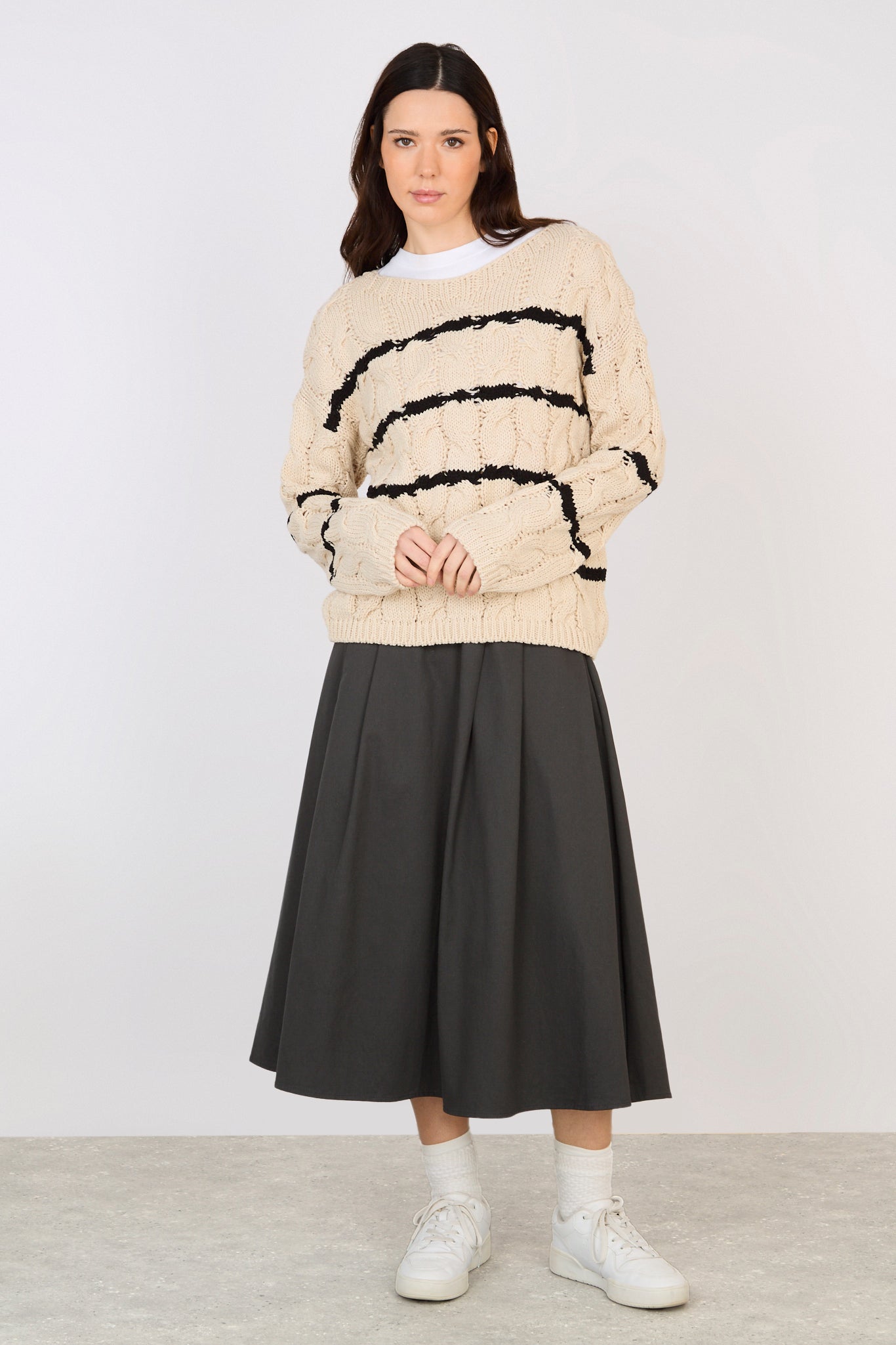 Beige and black striped cable knit jumper_4