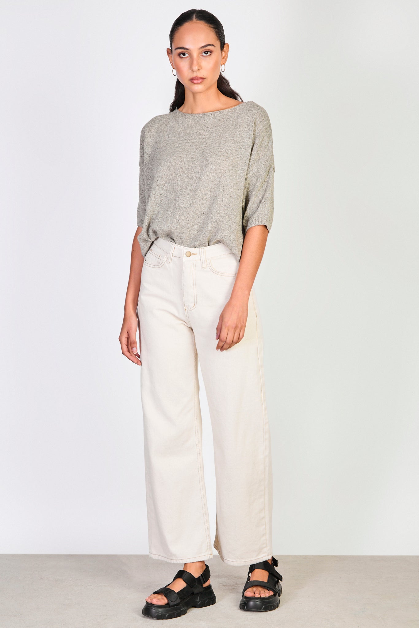 Beige and brown contrast stitch wide leg jeans_4