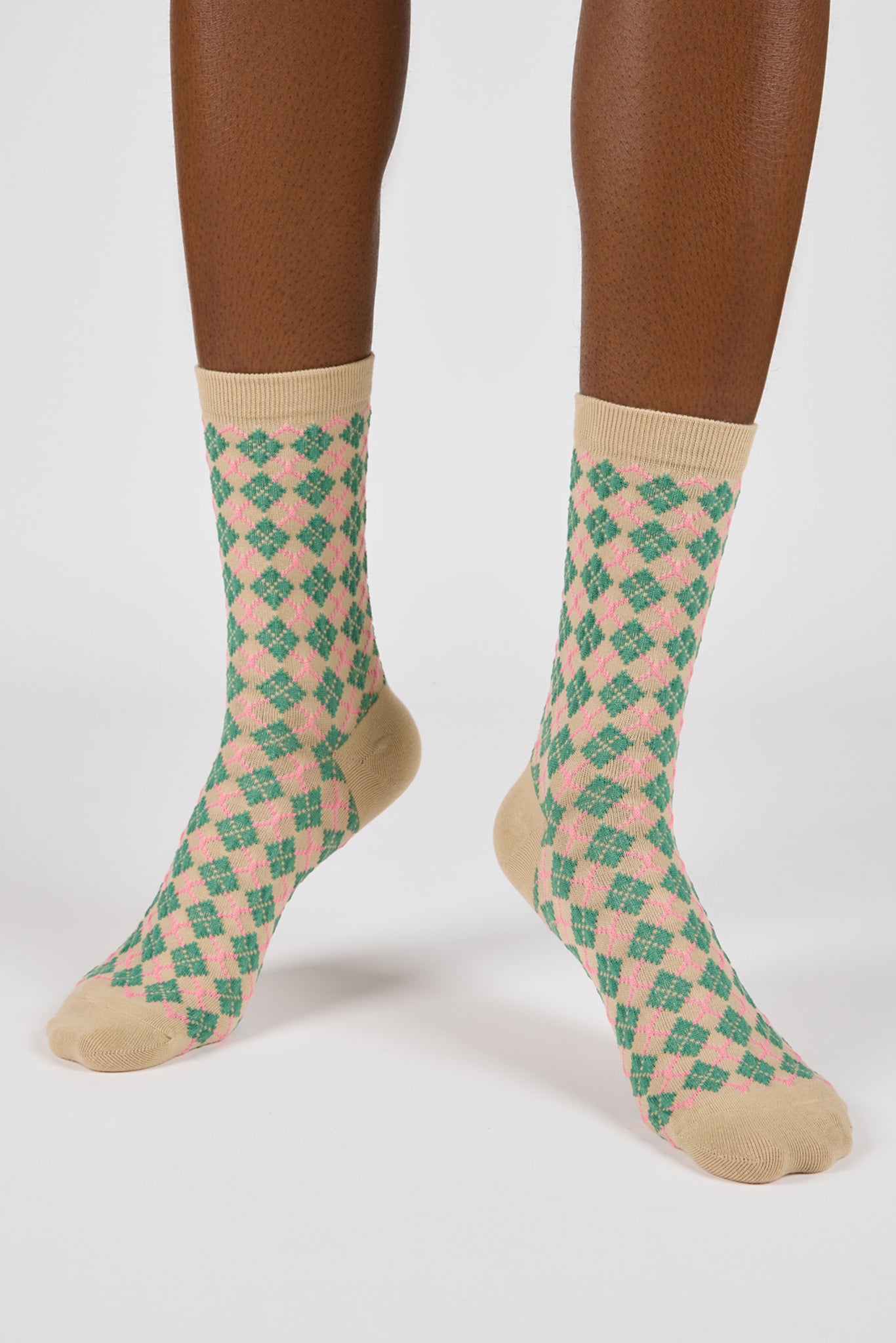 Beige and green bold argyle socks_2