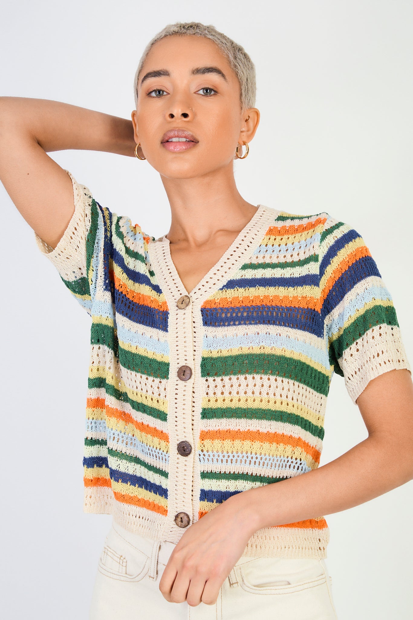 Beige and orange striped crochet button up knit top_1
