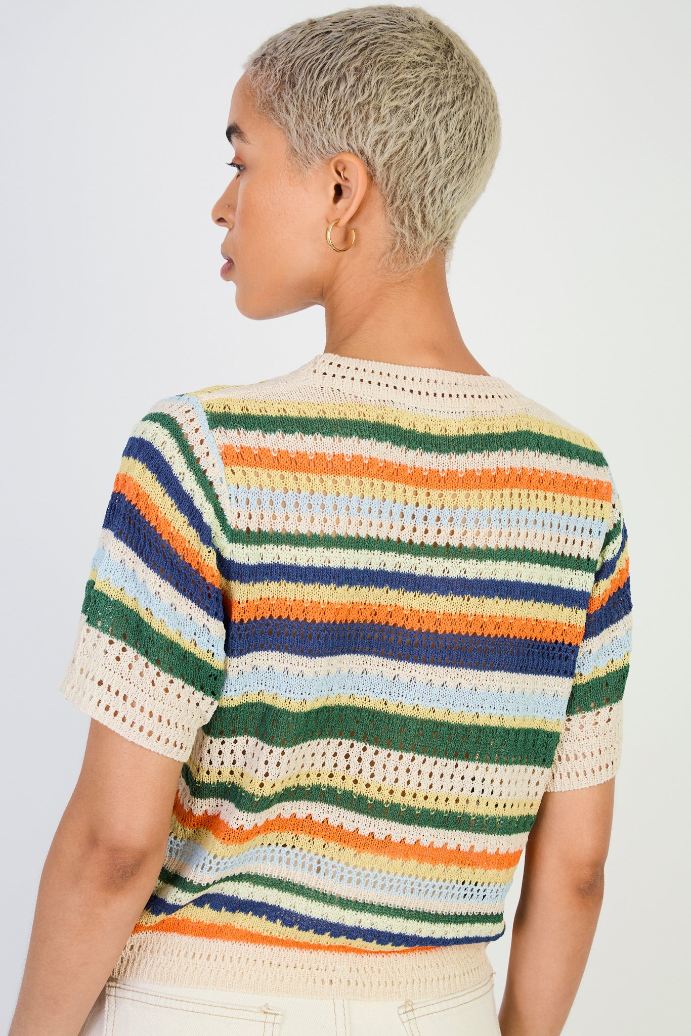 Beige and orange striped crochet button up knit top_2