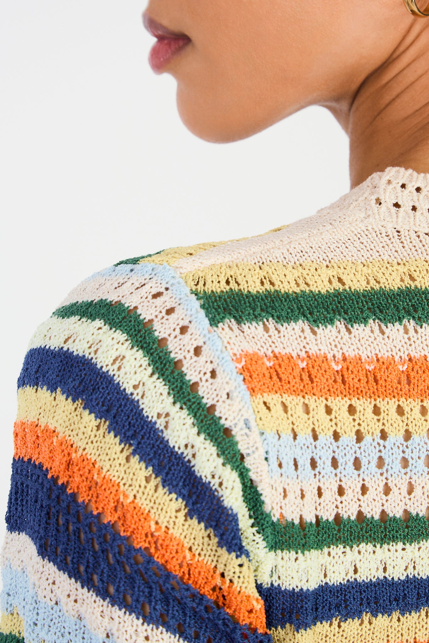 Beige and orange striped crochet button up knit top_3