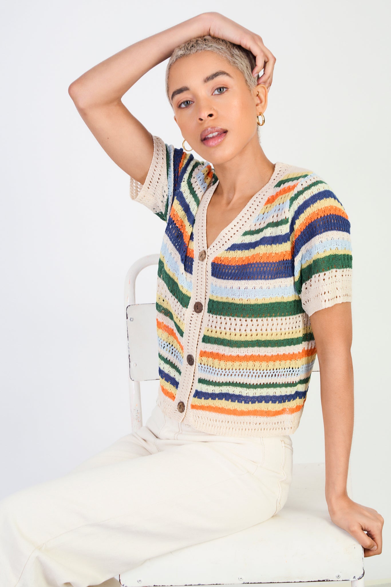 Beige and orange striped crochet button up knit top_5