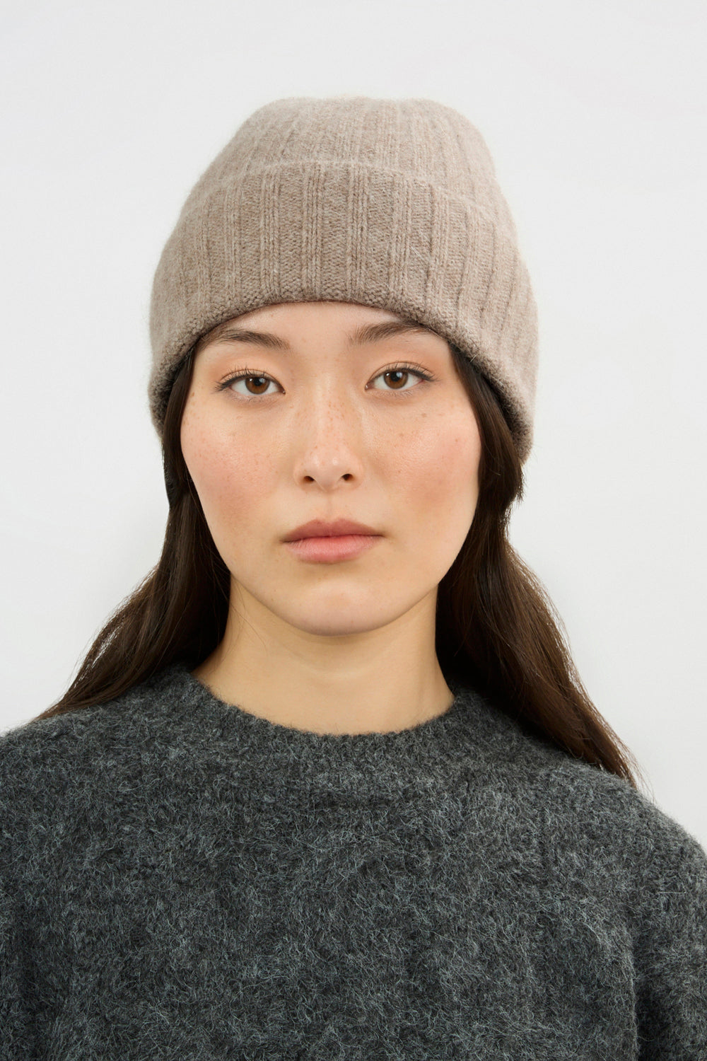 Beige angora wool blend large ribbed beanie hat_3