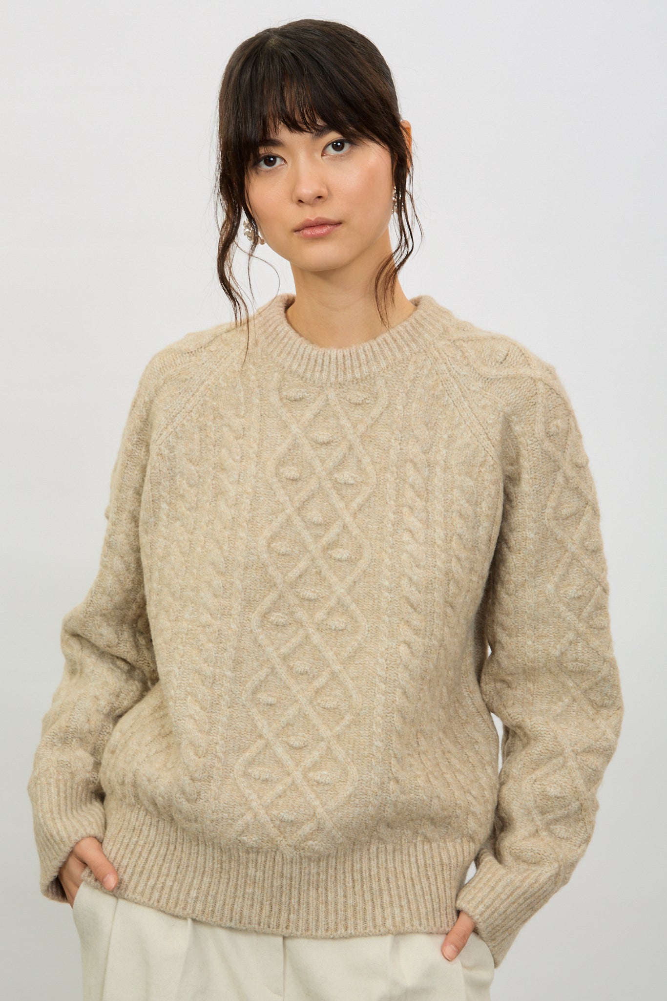 Beige bobble cable knit crew neck jumper_1