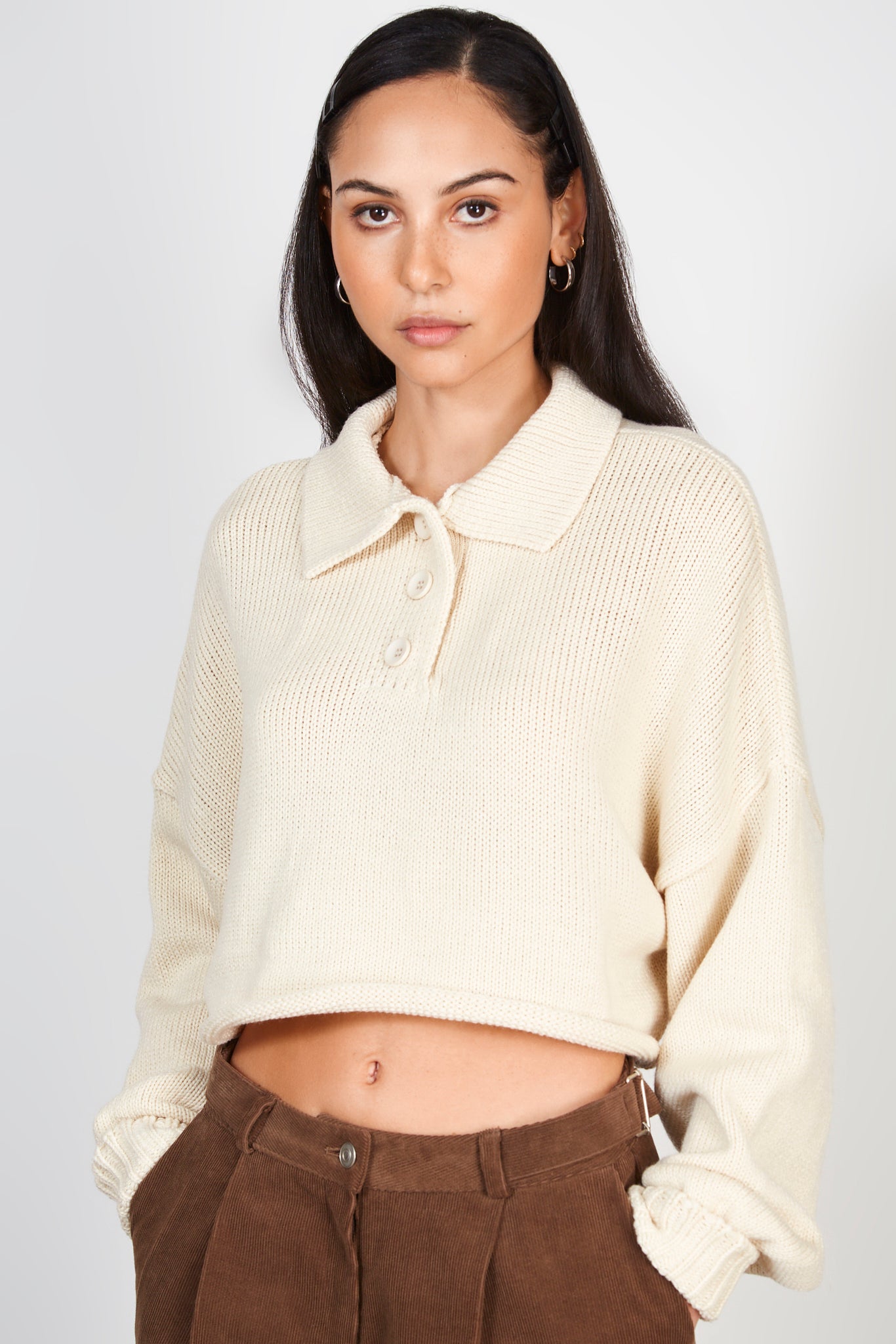 Beige button neck cropped wide jumper_1