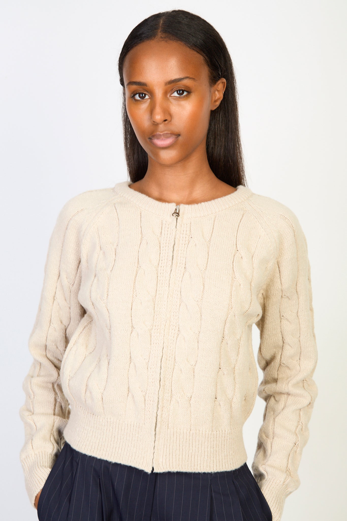 Beige cable knit short zip cardigan_1