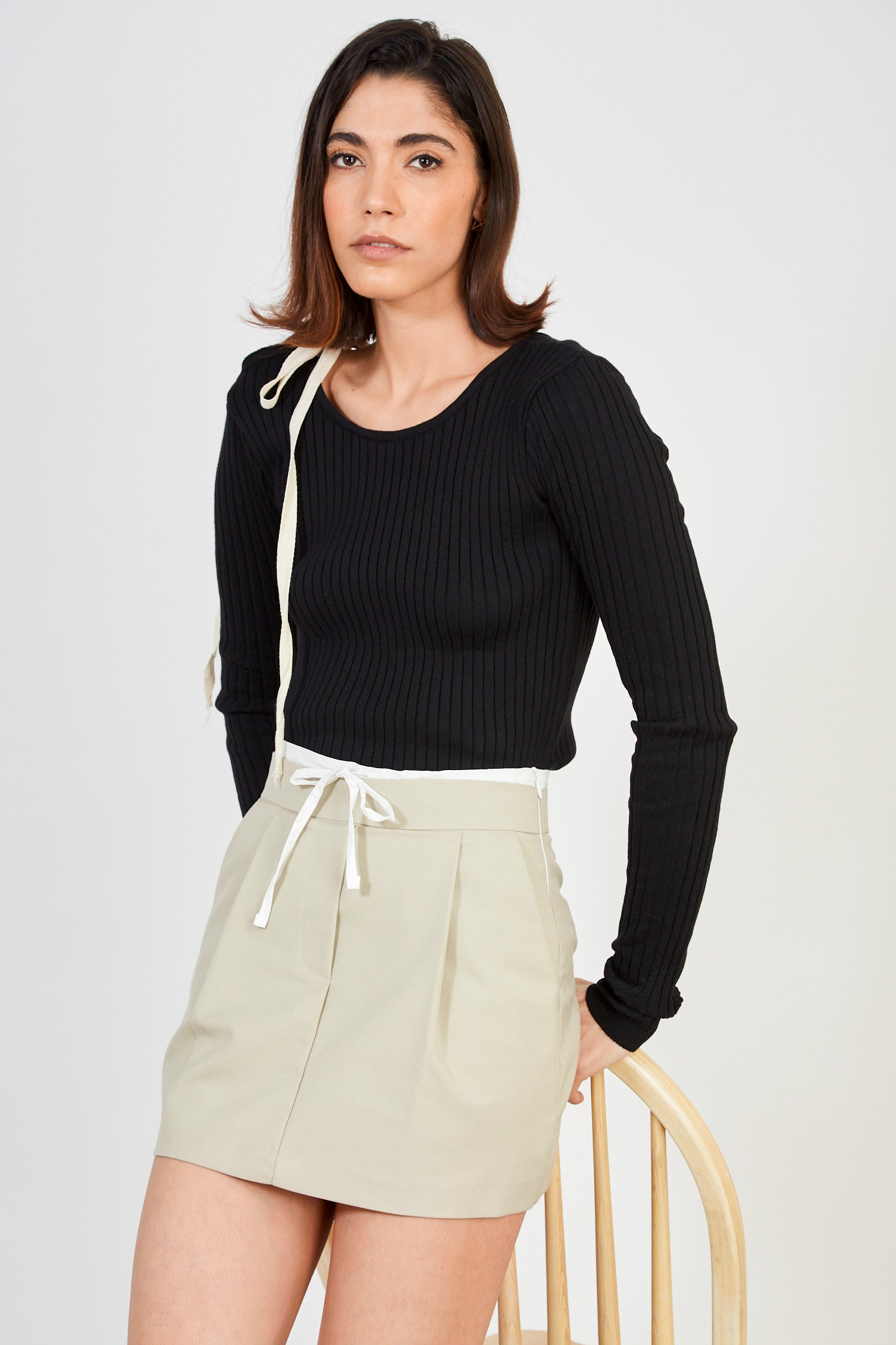 Beige contrast waist mini skirt_5