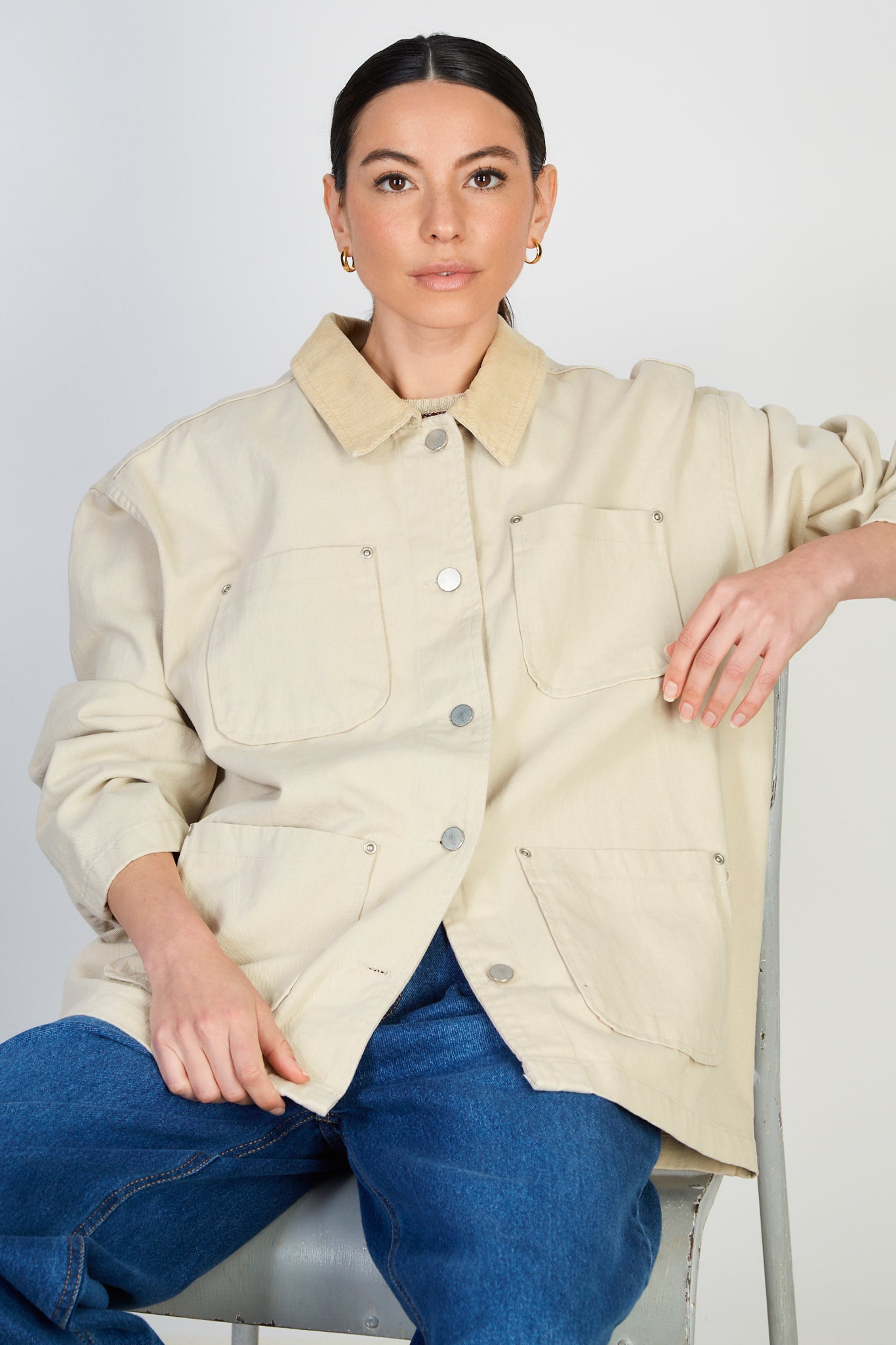 Beige cotton twill corduroy collar jacket_6