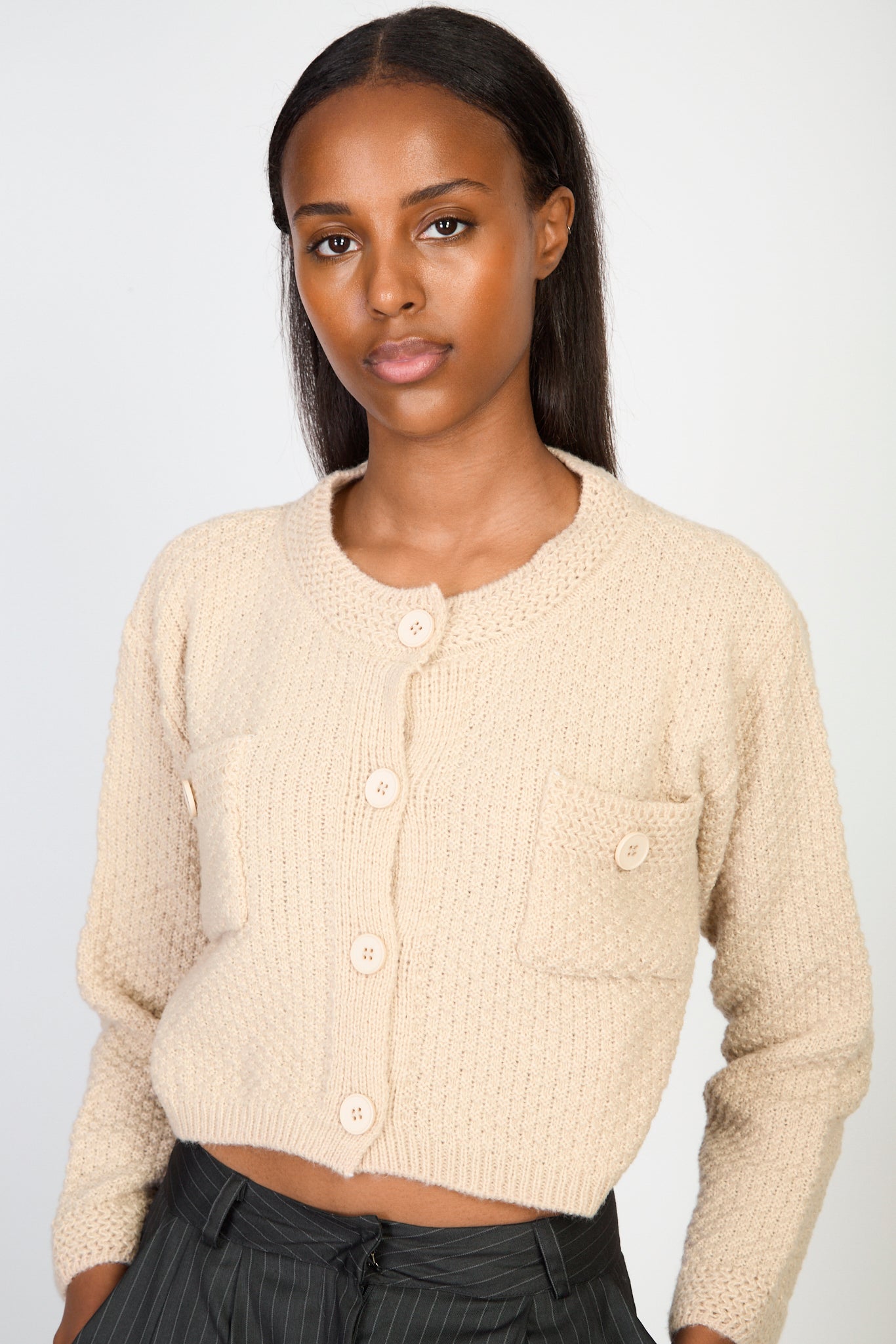 Beige cropped knit jacket_1