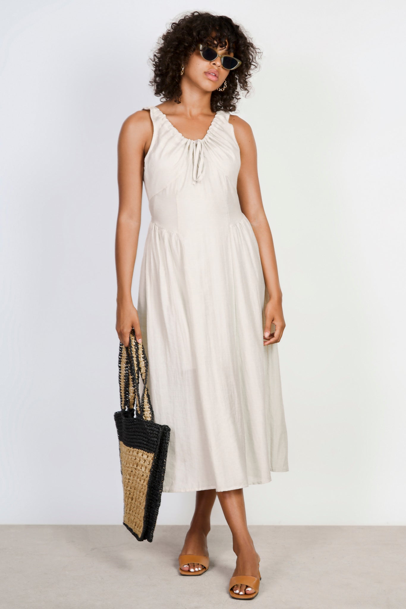 Beige gathered neckline peasant dress_1