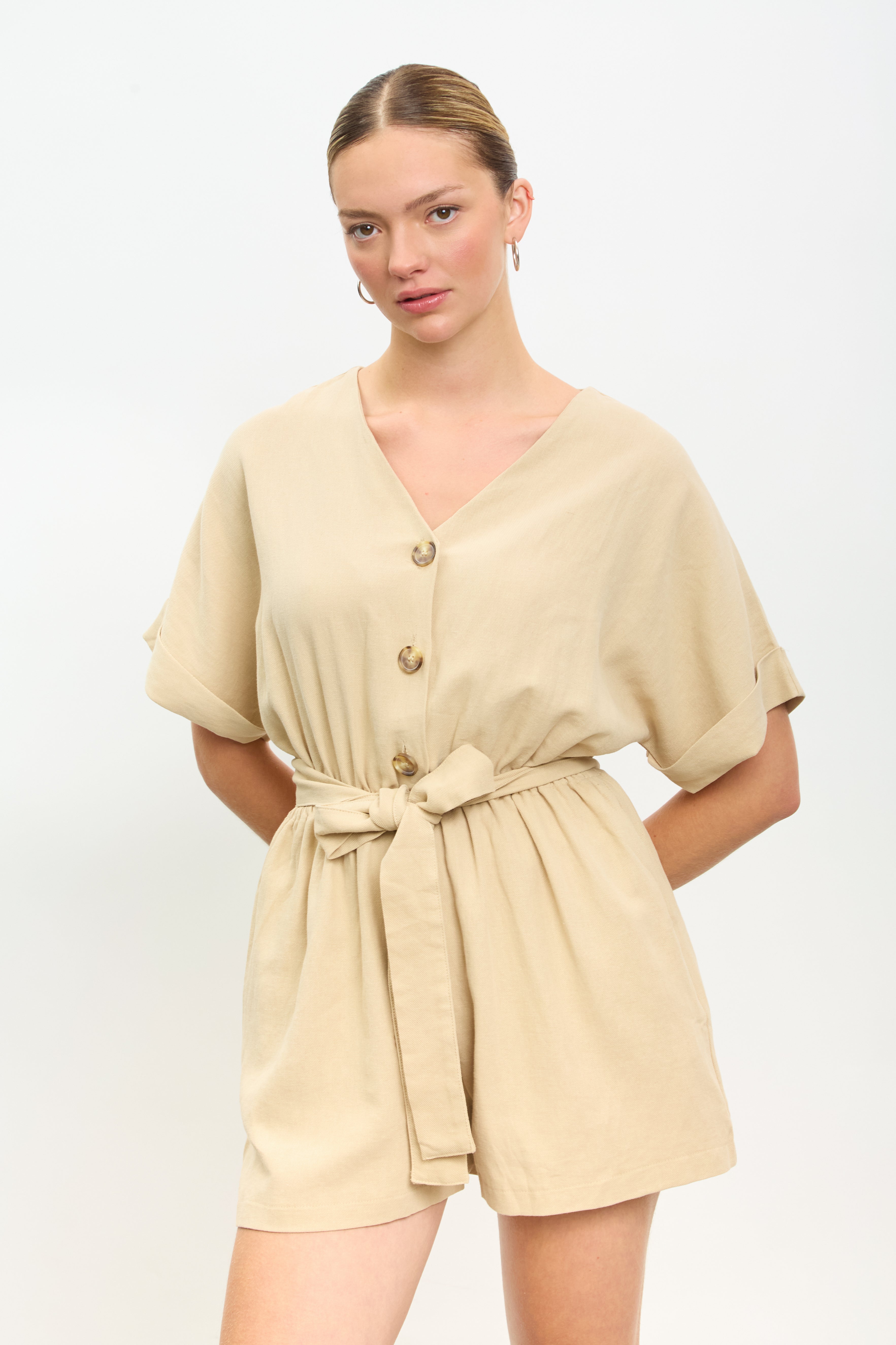 Beige linen blend button front tie waist romper_3