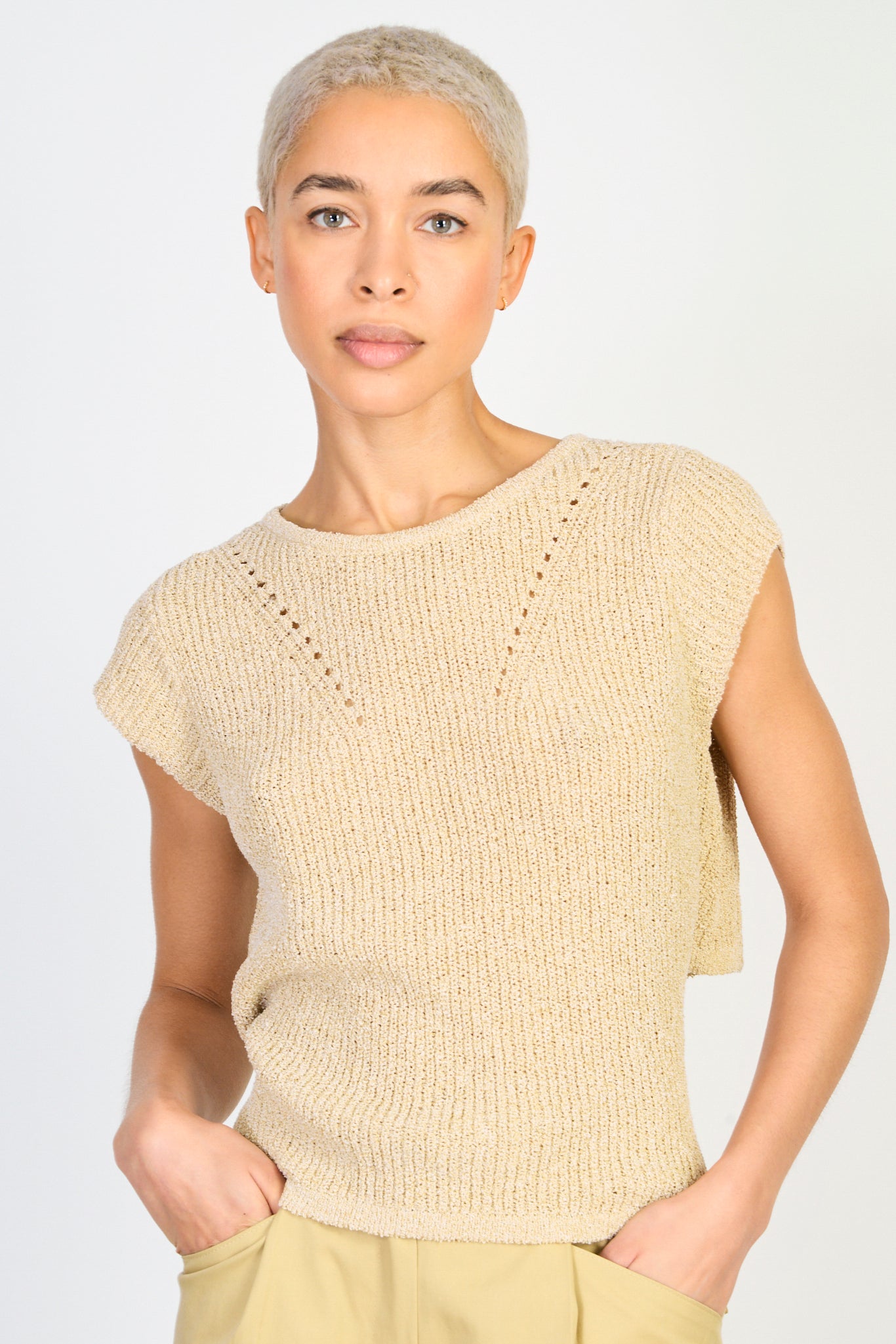 Beige open tie back sleeveless knit top_1