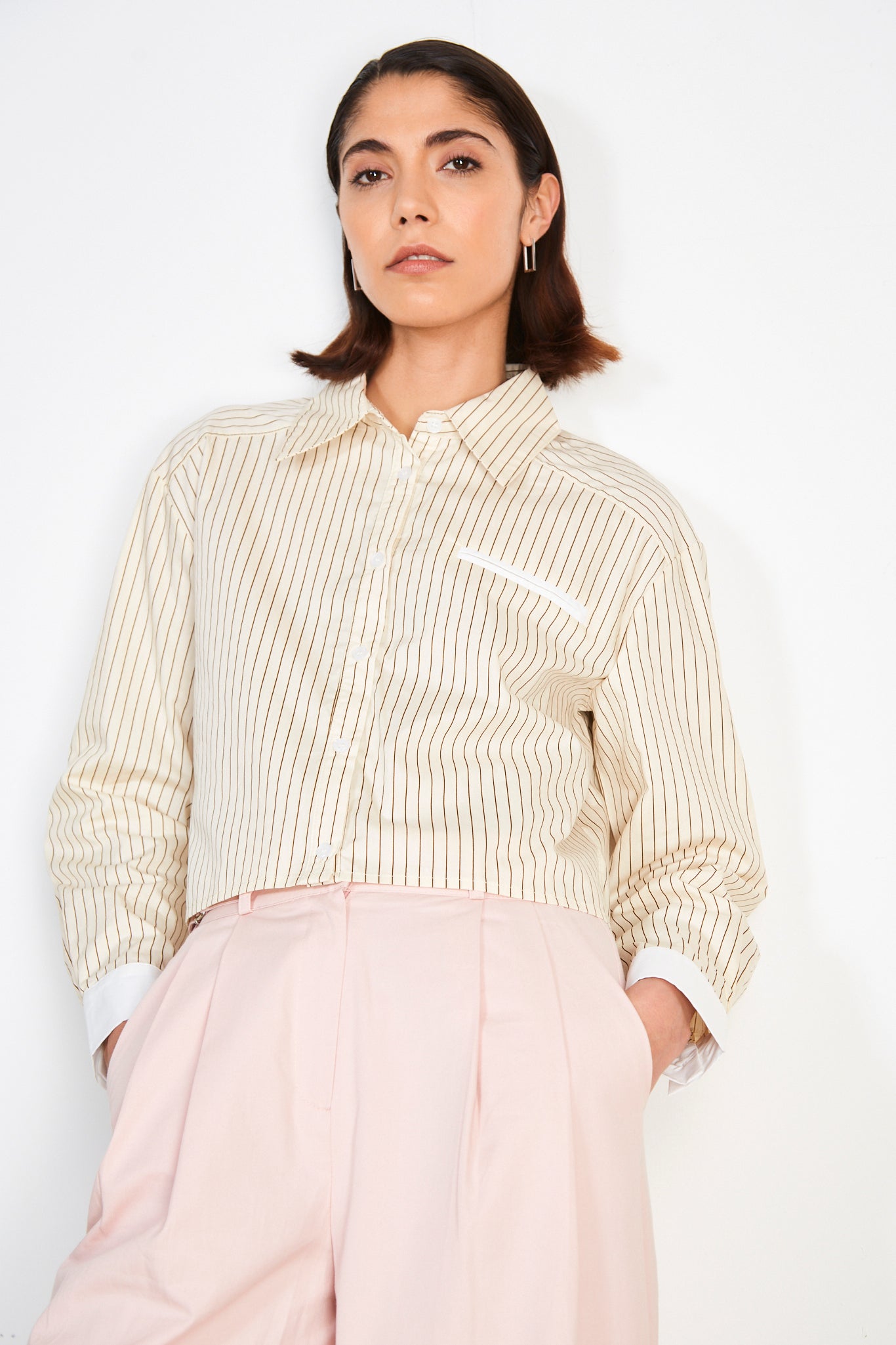 Beige pinstriped smart cropped shirt_1