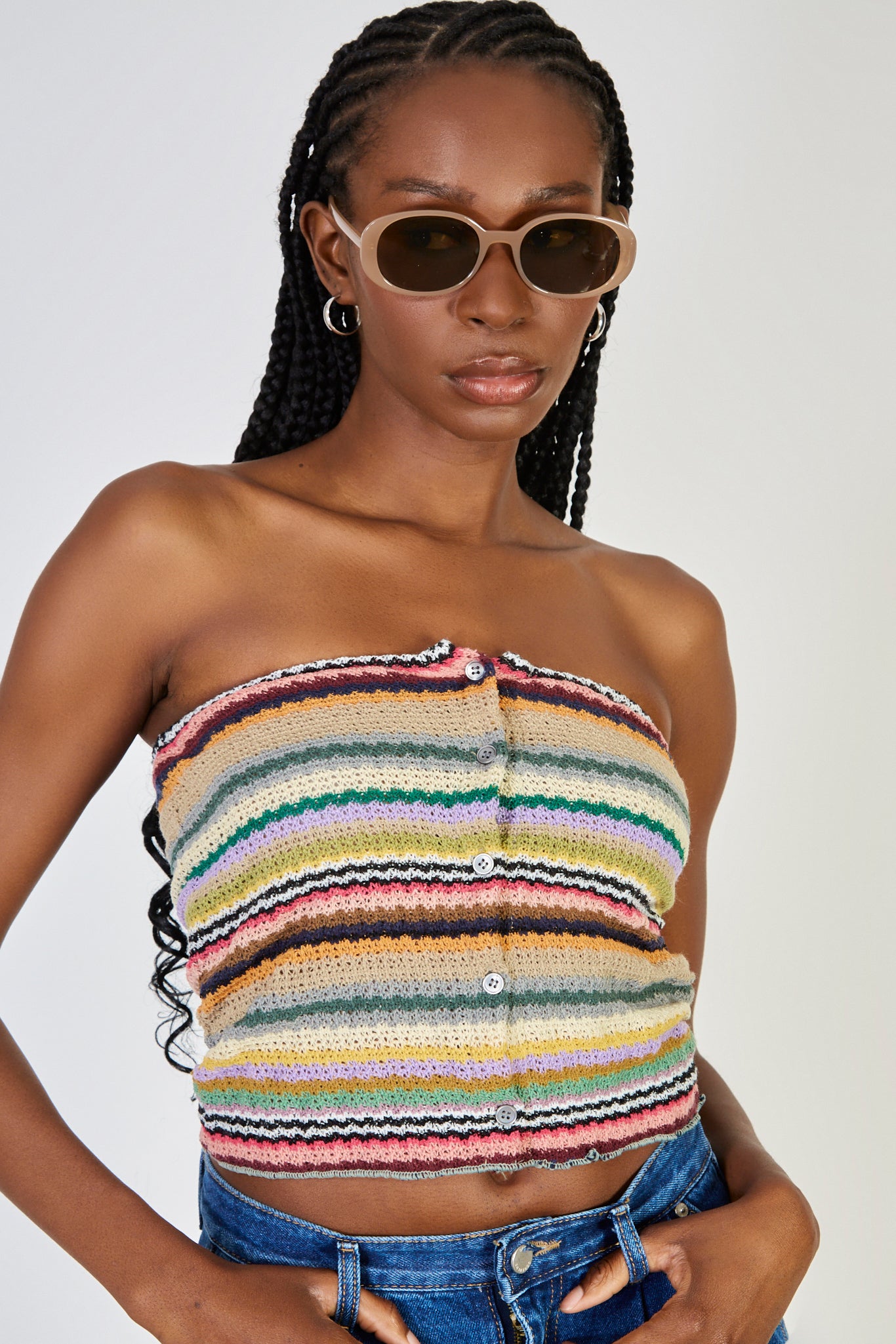 Beige rainbow stripe strapless top_2