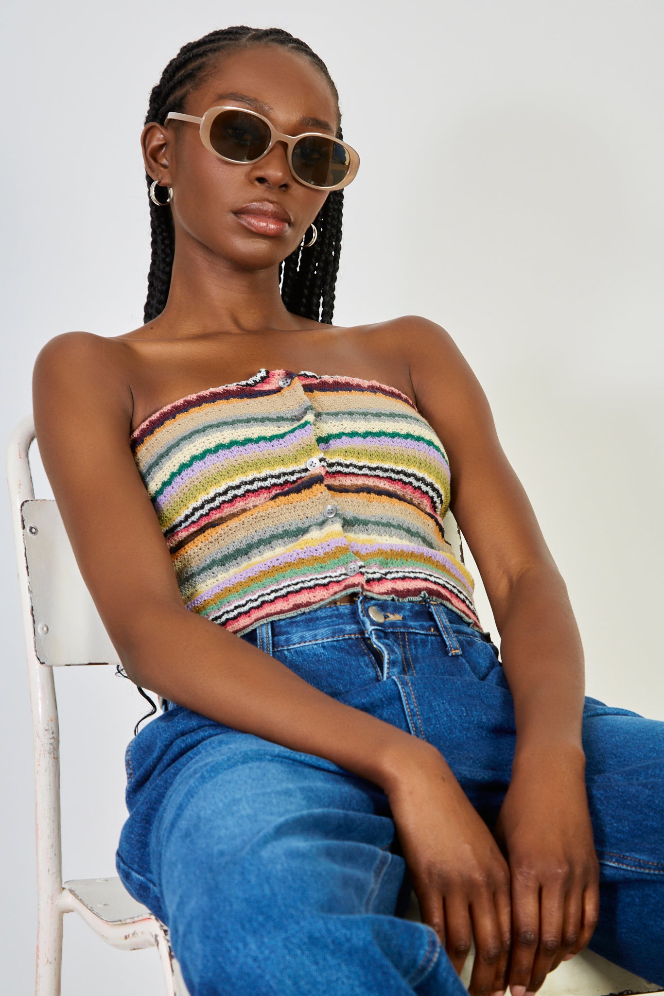 Beige rainbow stripe strapless top_1