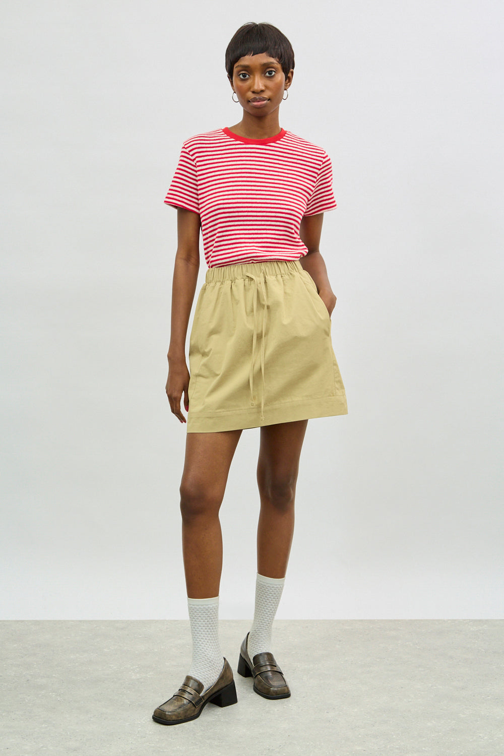 Beige ruched tie waist mini skirt_4