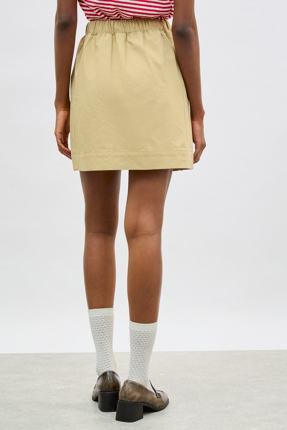 Beige ruched tie waist mini skirt_2