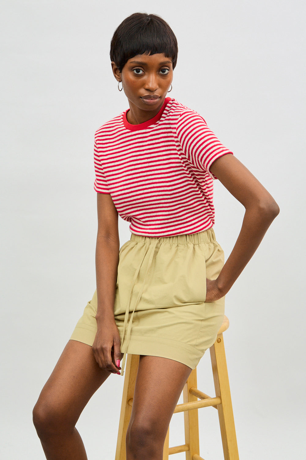 Beige ruched tie waist mini skirt_5