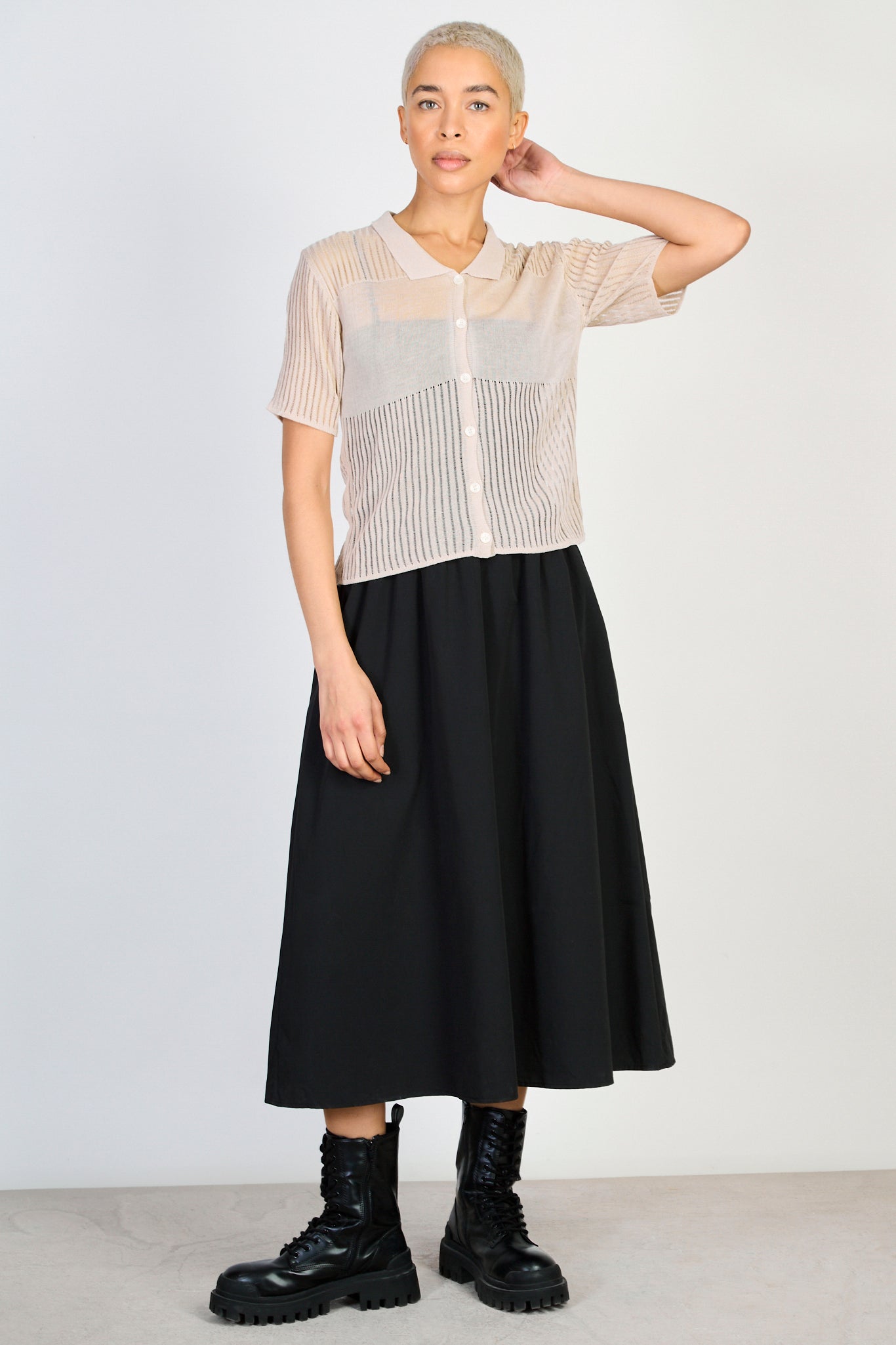 Beige semi sheer block stripe knit tee_4