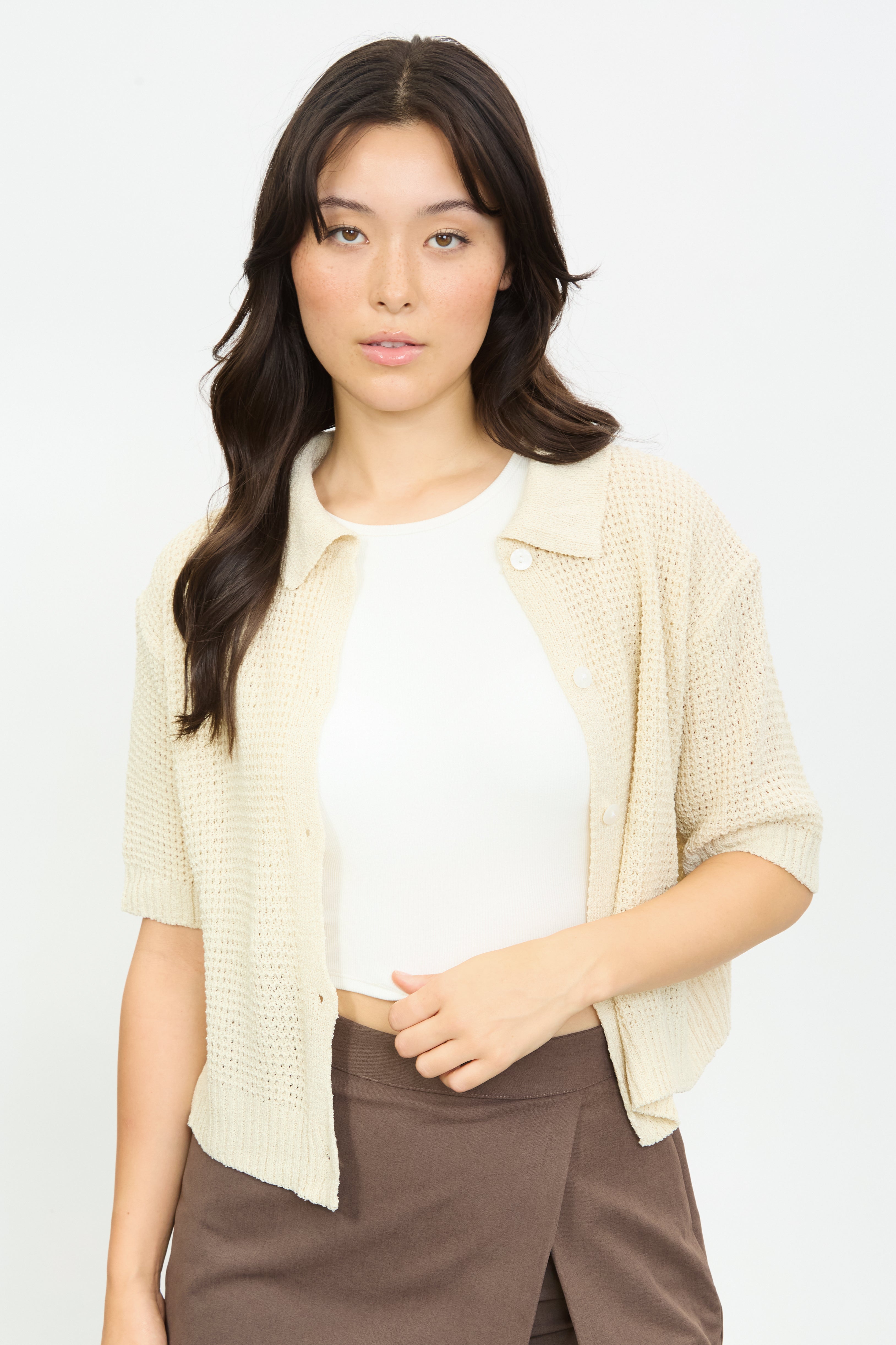 Beige short sleeve button front knit polo_2