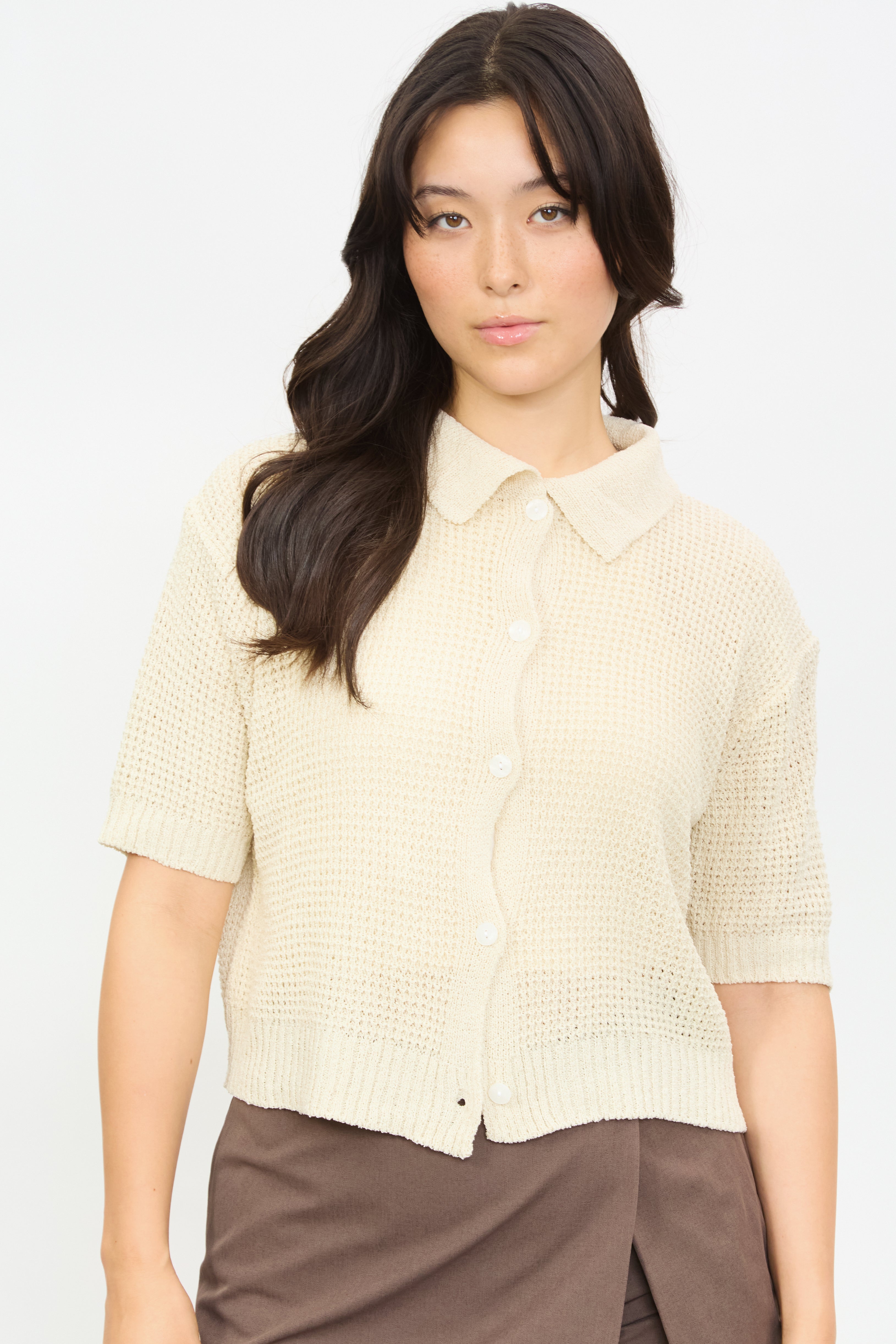 Beige short sleeve button front knit polo_1