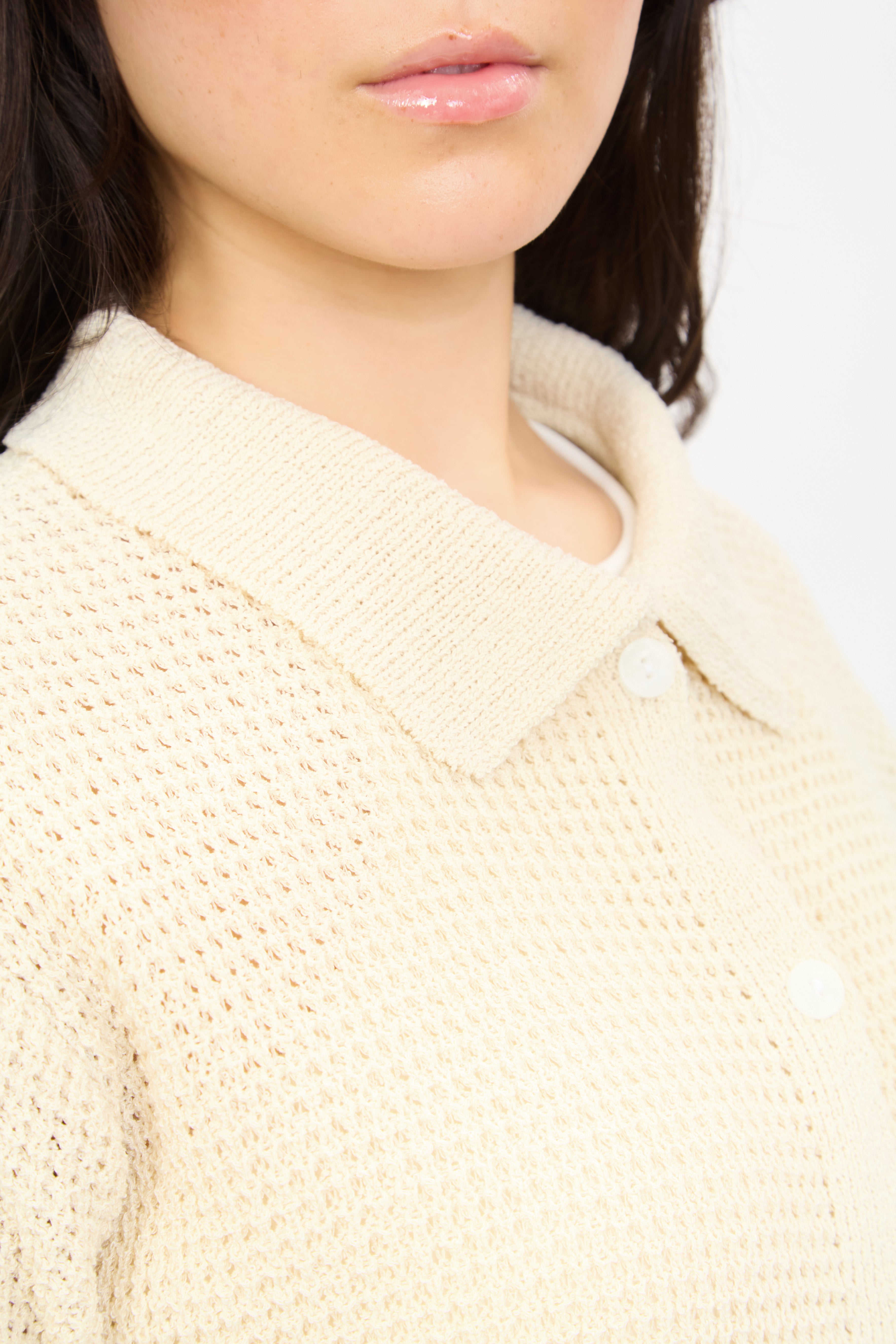 Beige short sleeve button front knit polo_3