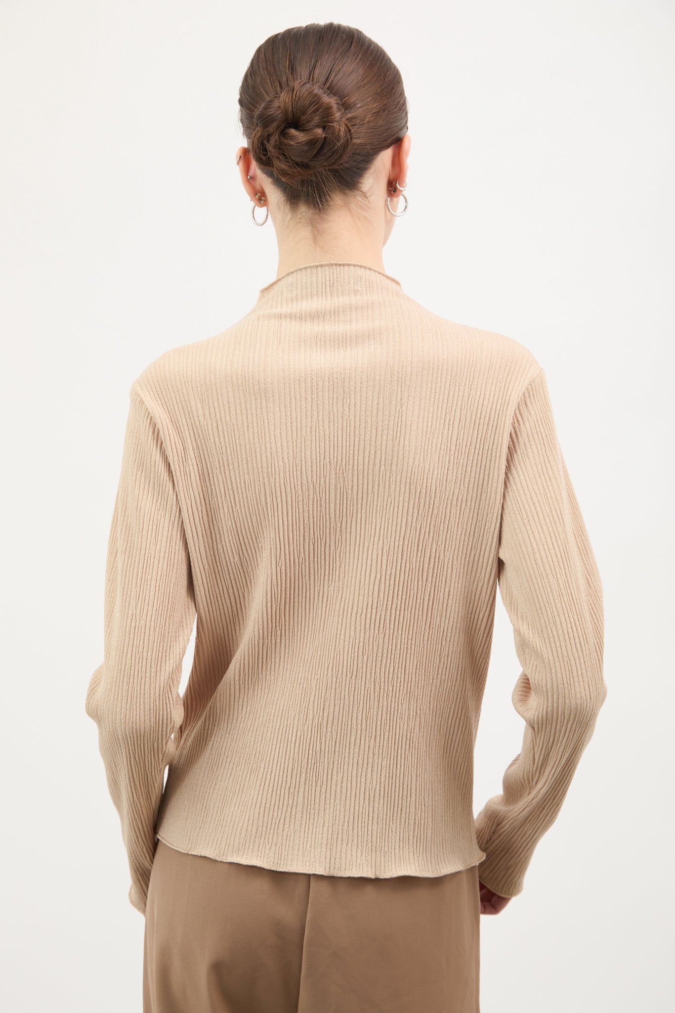 Beige textured button up mock neck top_2