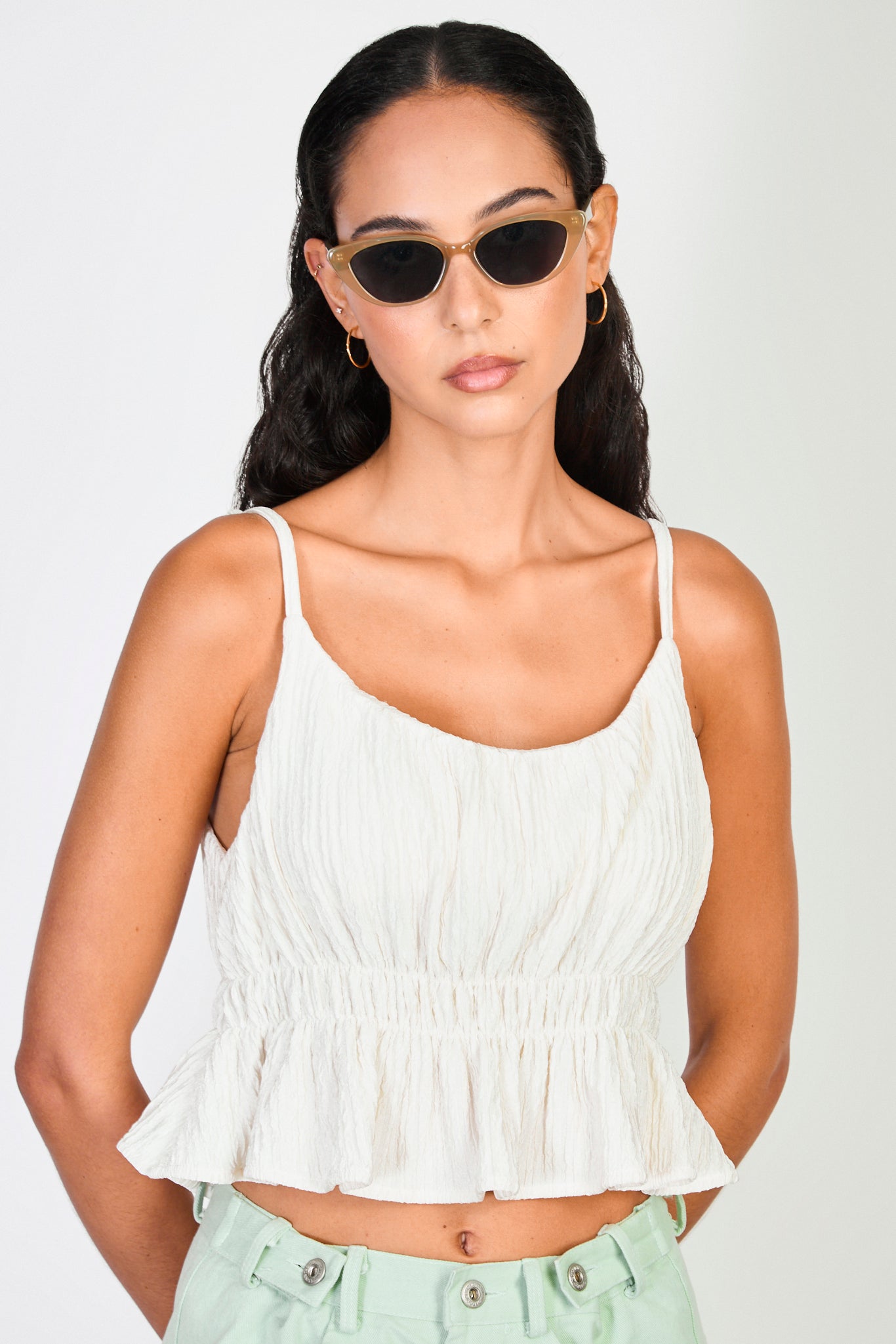 Beige textured crinkle tiered tank_1