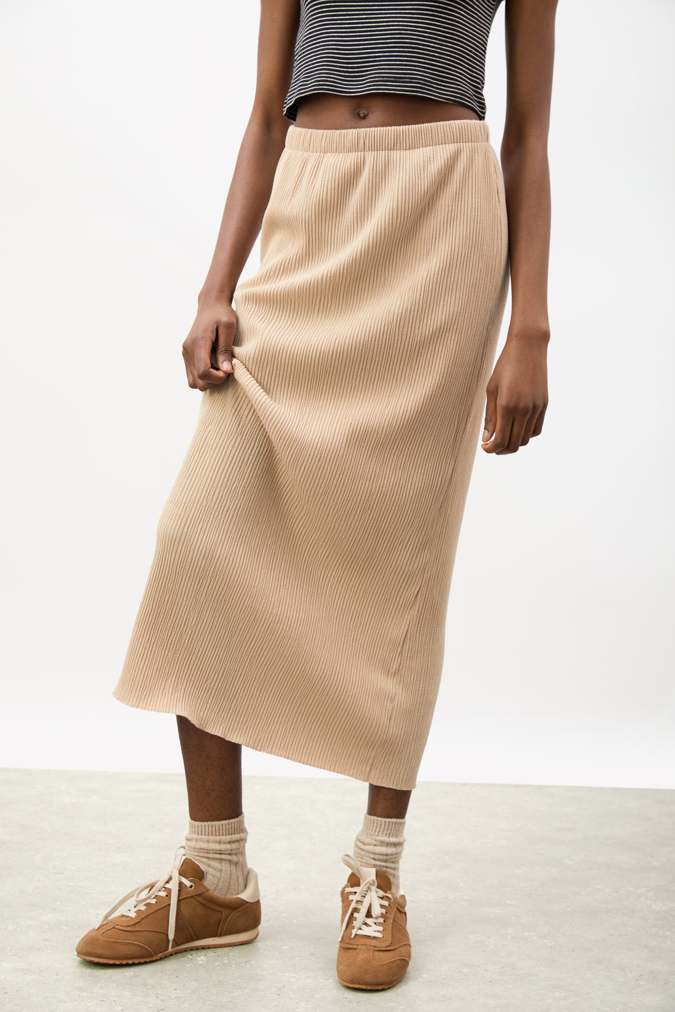 Beige textured midi skirt_1