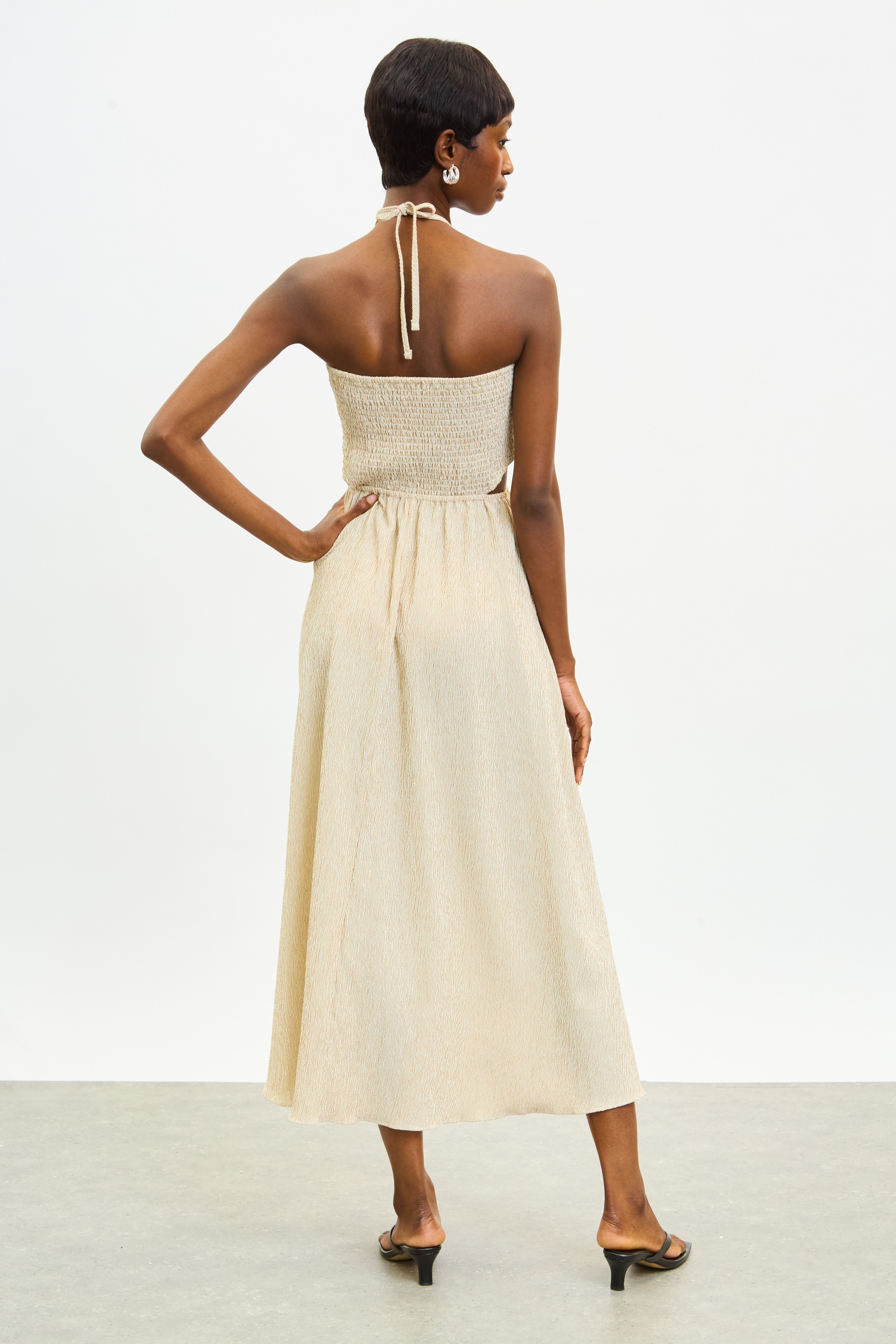 Beige textured stripe ruched peek side dress_2