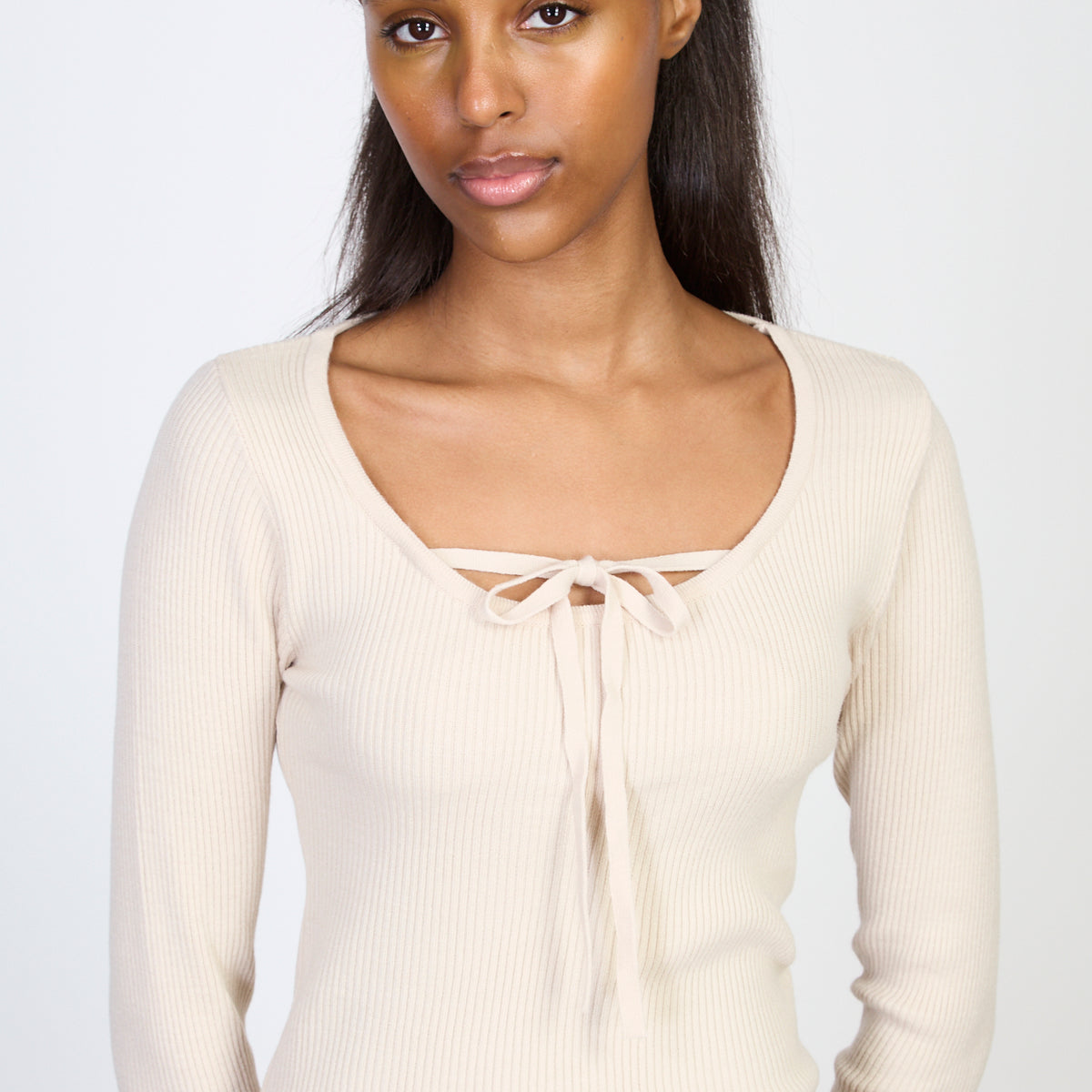 D'Lila V-Neck Ribbed Knit Top Beige